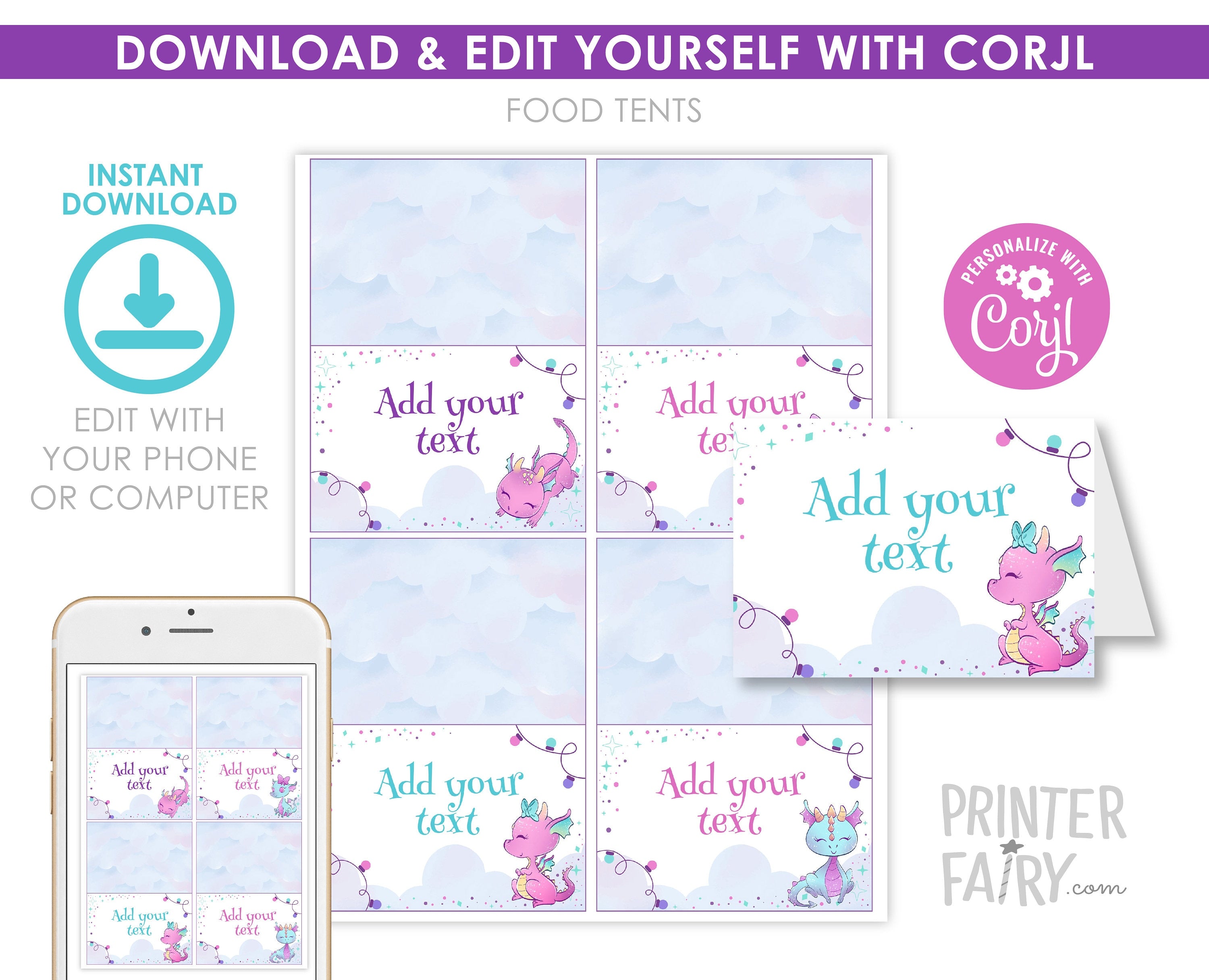 Girl Dragon Birthday Party Food Tents, Printable Table Signs (Digital Download)