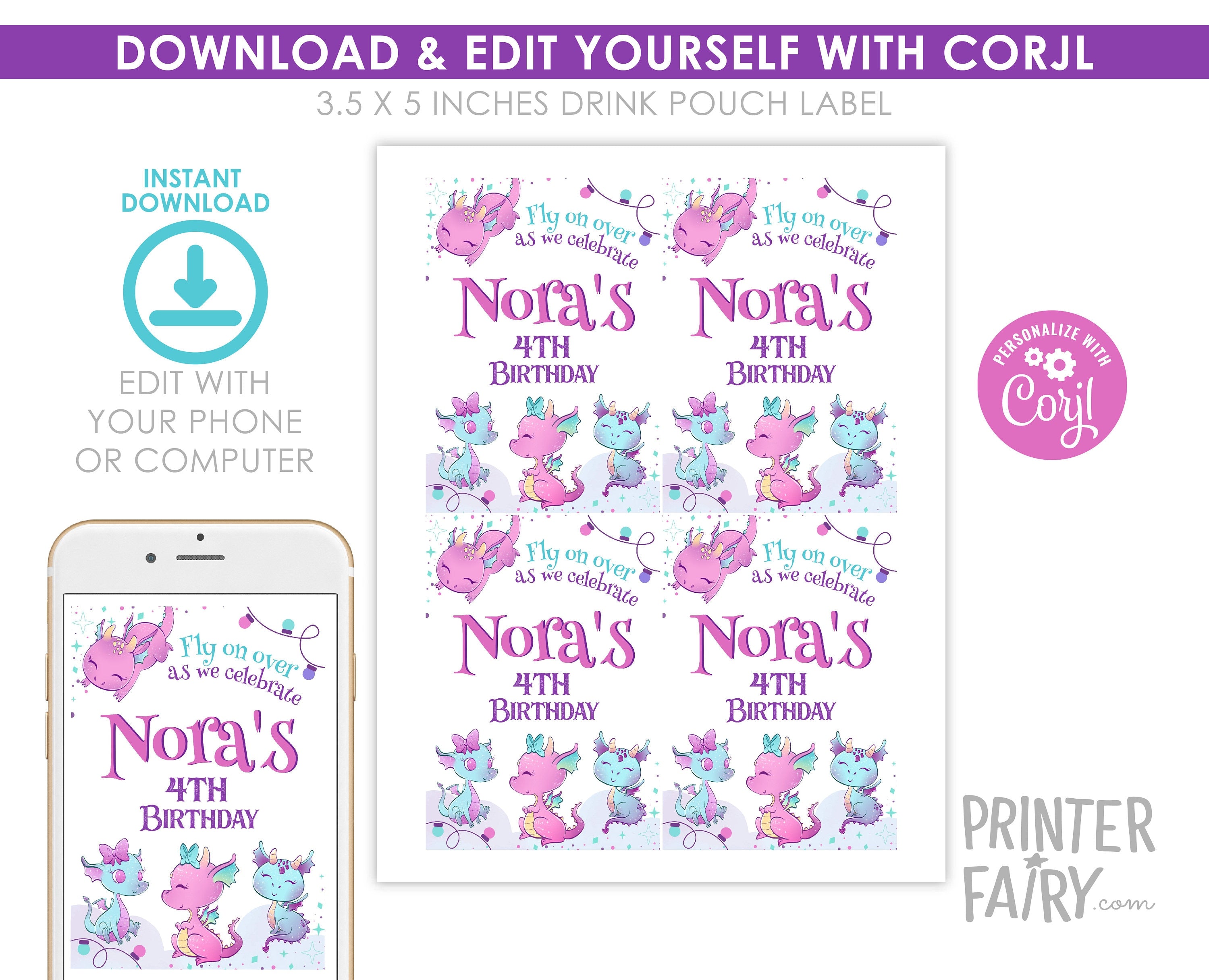 Dragon Birthday Party Drink Pouch Label, Editable (Digital Download)