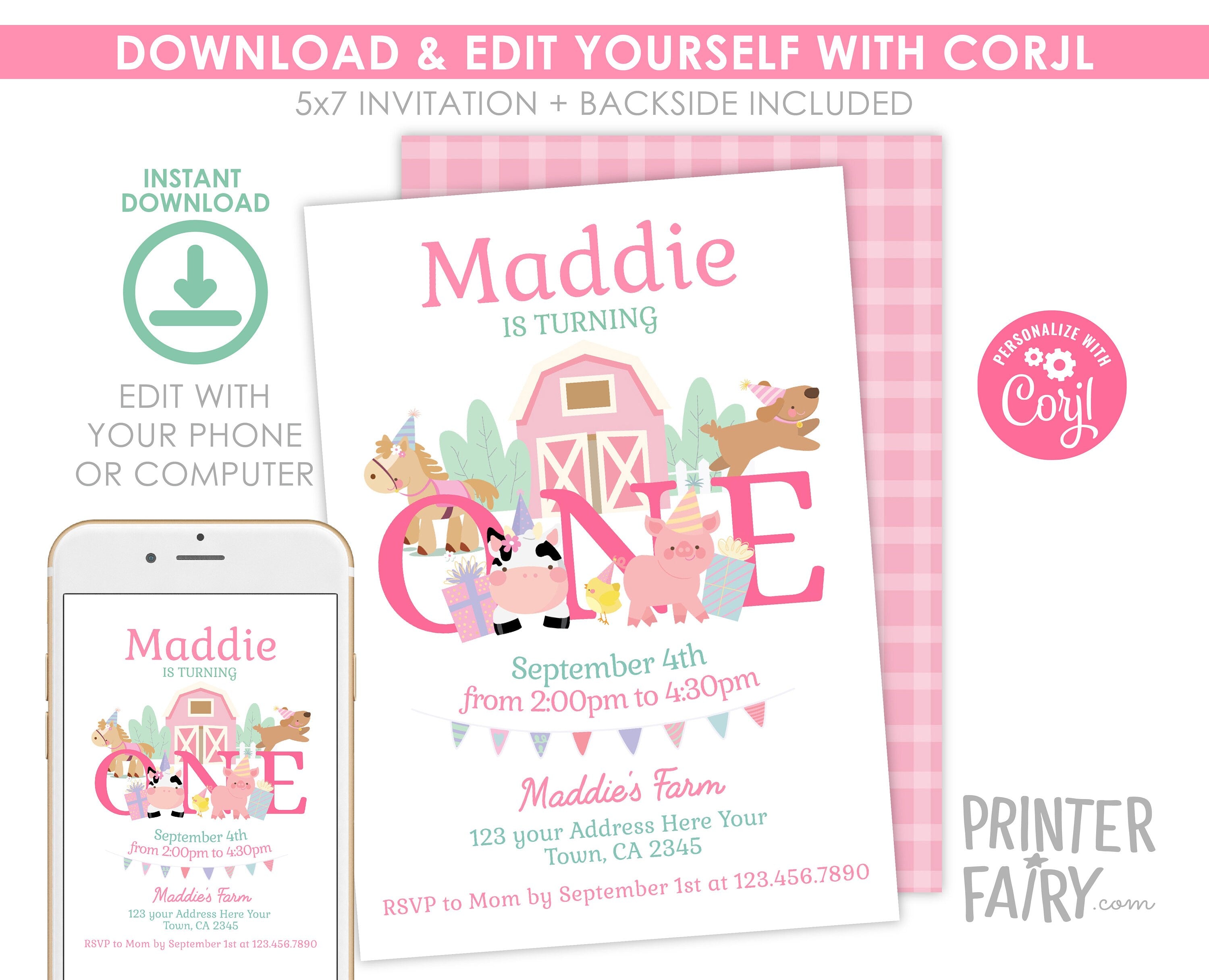 Farm Animals First Birthday Invitation, Pink Barnyard (Editable, Digital Download)