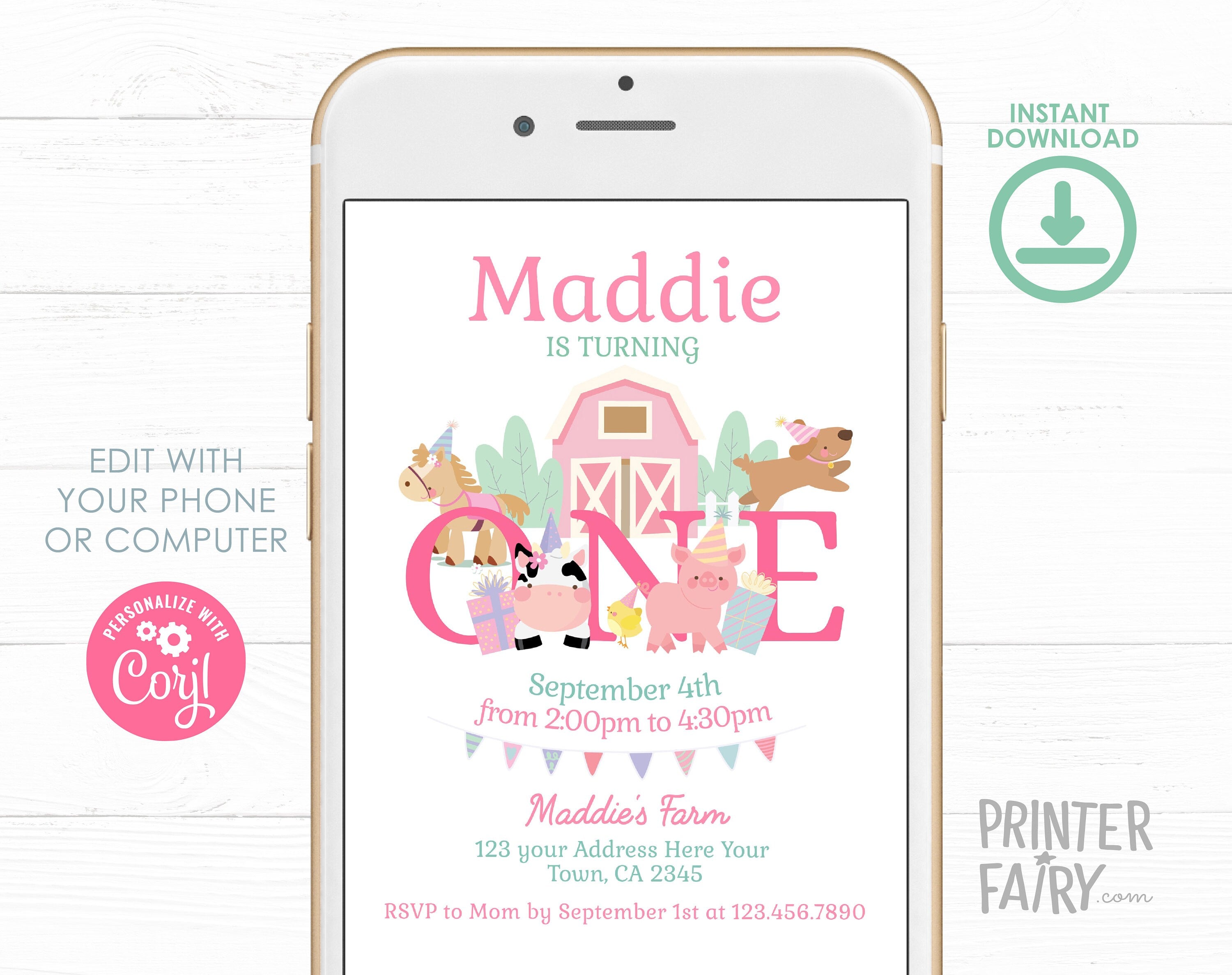 Farm Animals First Birthday Invitation, Pink Barnyard (Editable, Digital Download)