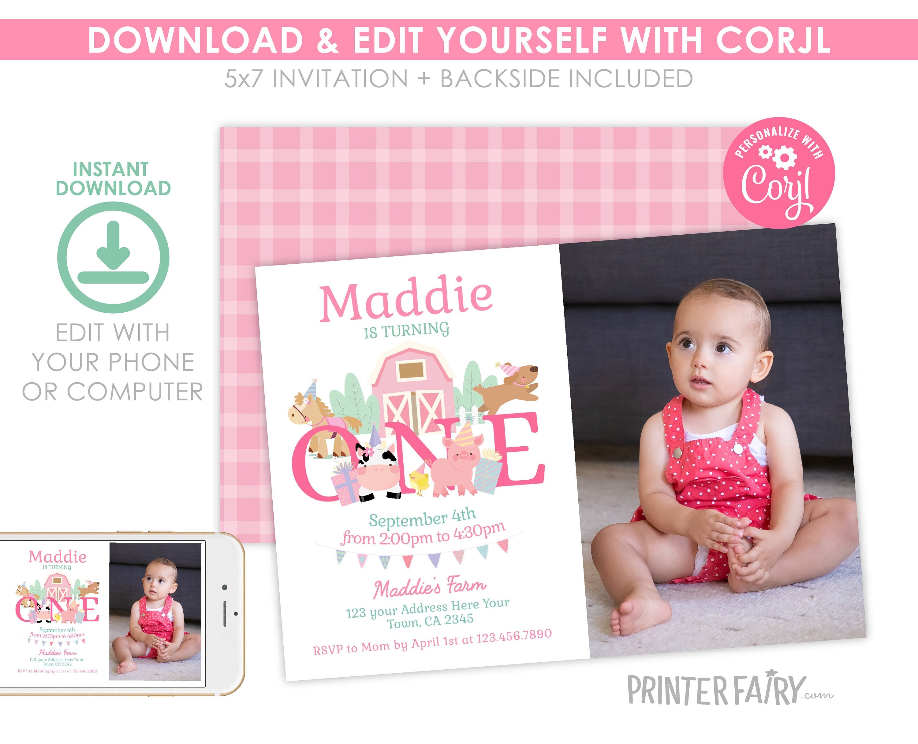 Farm 1st Birthday Invitation with Photo, Pink Barnyard Animals (Editable Download)