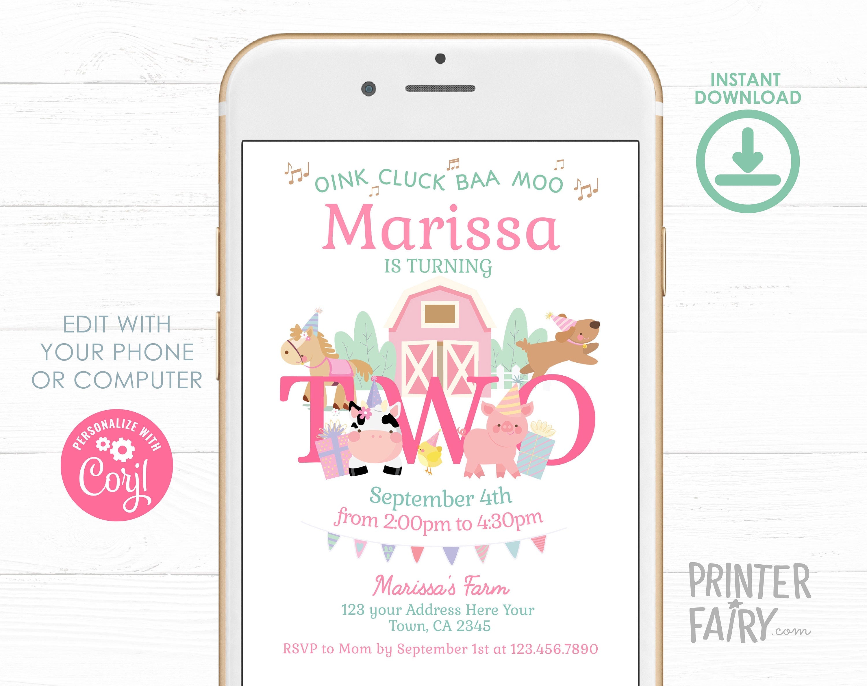 Farm Animals Second Birthday Invitation, Pink Barnyard, Editable Template (Digital Download)