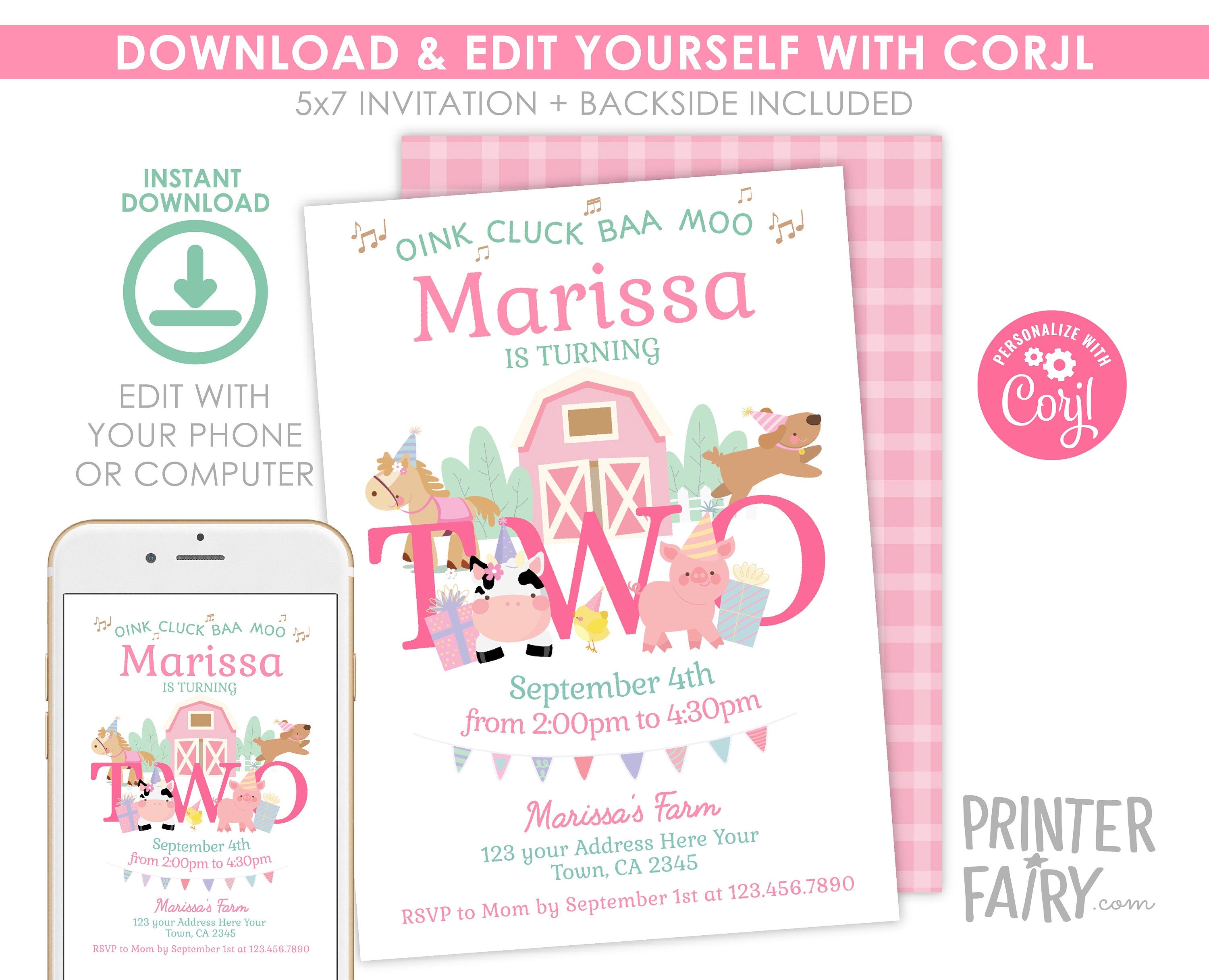 Farm Animals Second Birthday Invitation, Pink Barnyard, Editable Template (Digital Download)