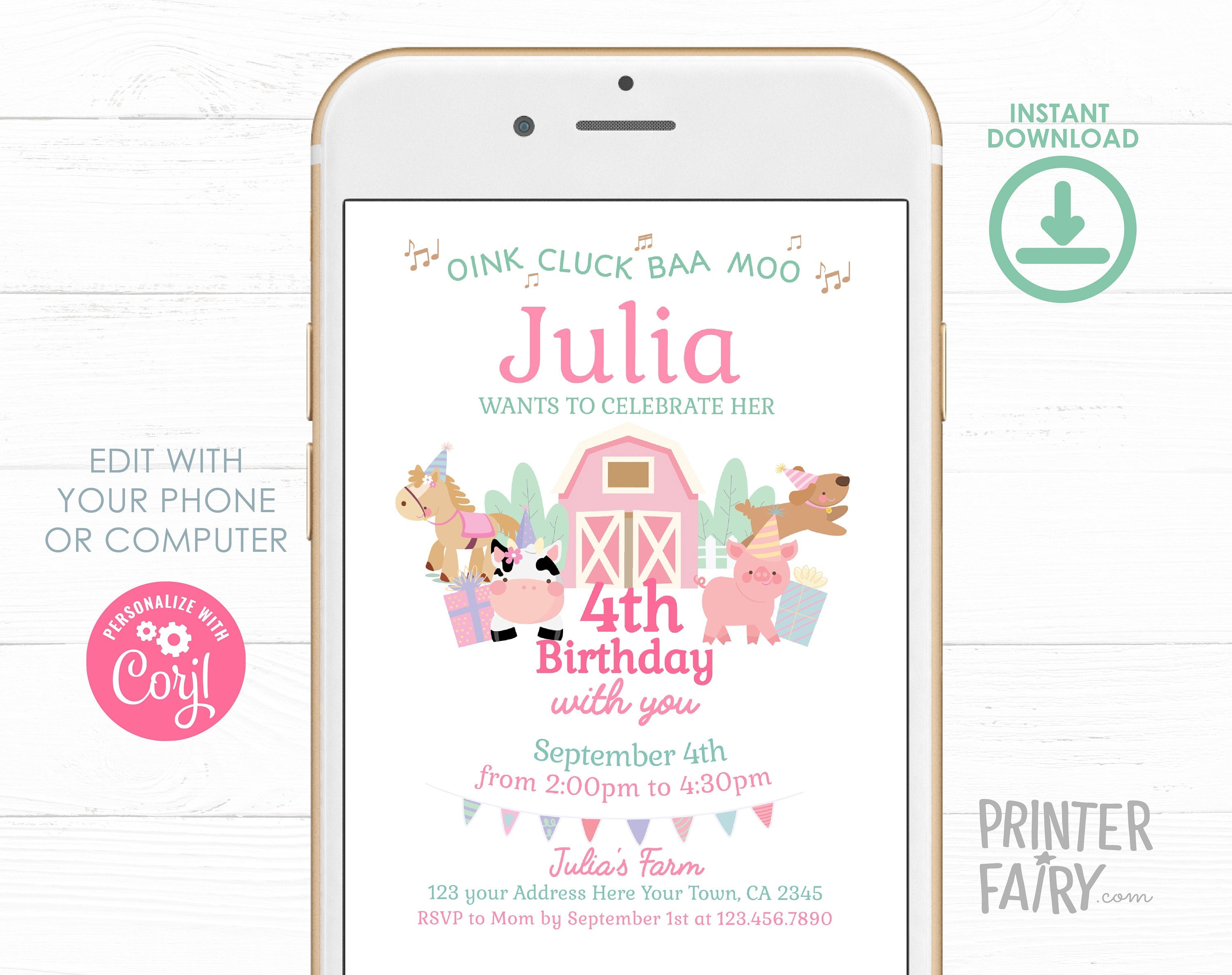 Farm Animals Birthday Invitation, Pink Barnyard Party (Editable Template, Digital Download)