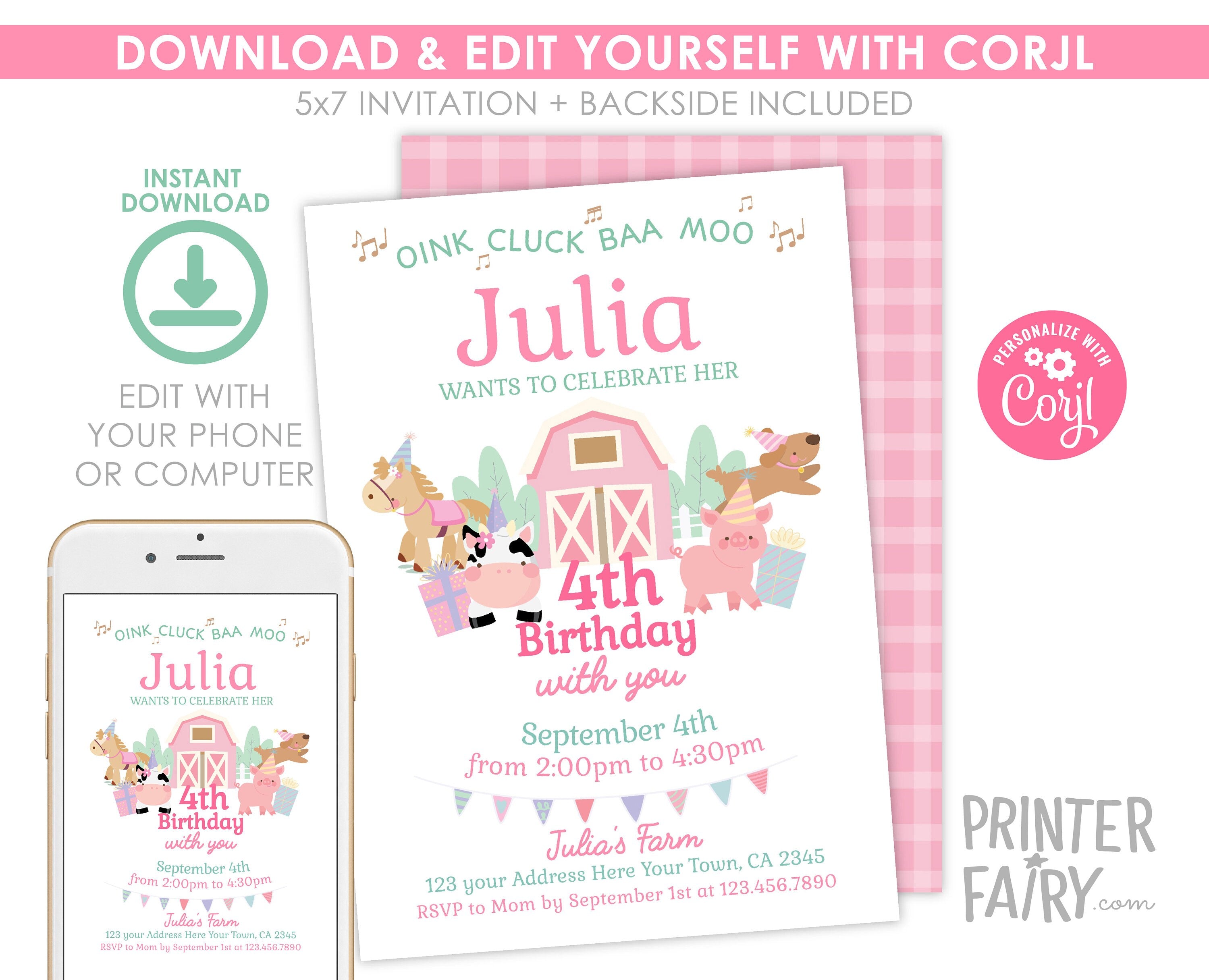 Farm Animals Birthday Invitation, Pink Barnyard Party (Editable Template, Digital Download)