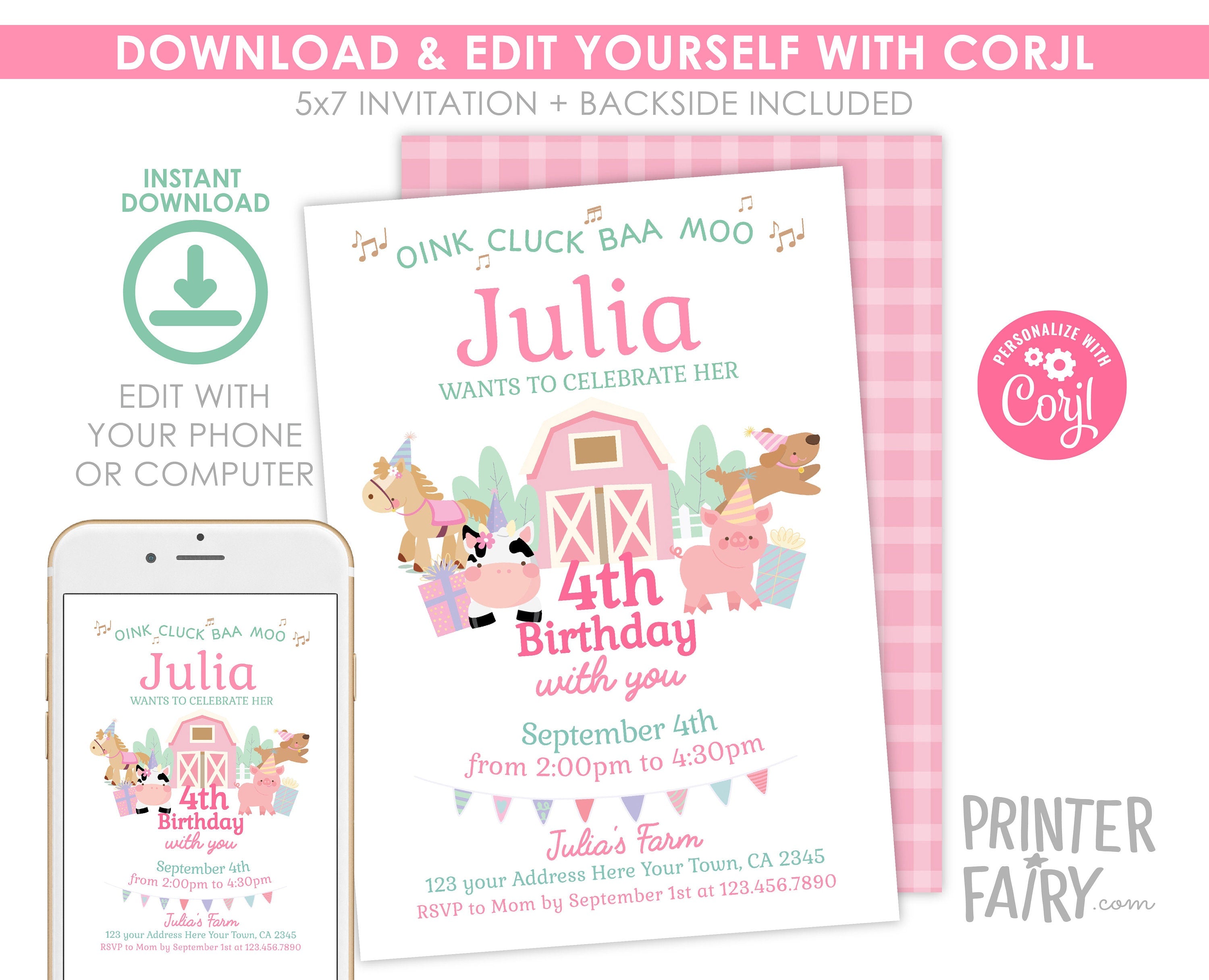 Farm Animals Birthday Invitation, Pink Barnyard Party (Editable Template, Digital Download)