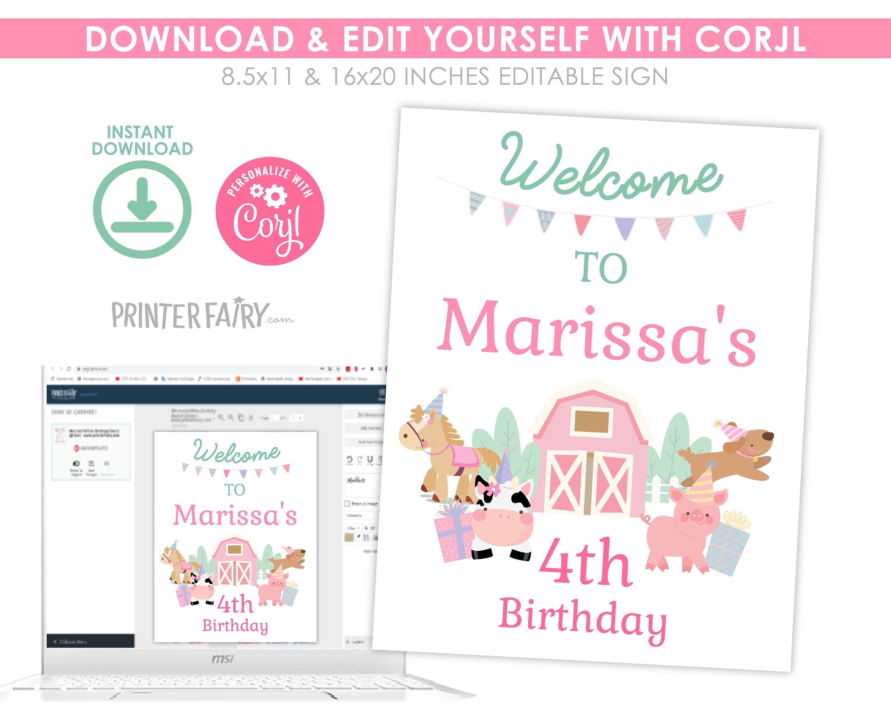 Farm Birthday Welcome Sign, Pink Barnyard Animals (Editable Digital Download)