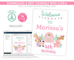 Farm Birthday Welcome Sign, Pink Barnyard Animals (Editable Digital Download)
