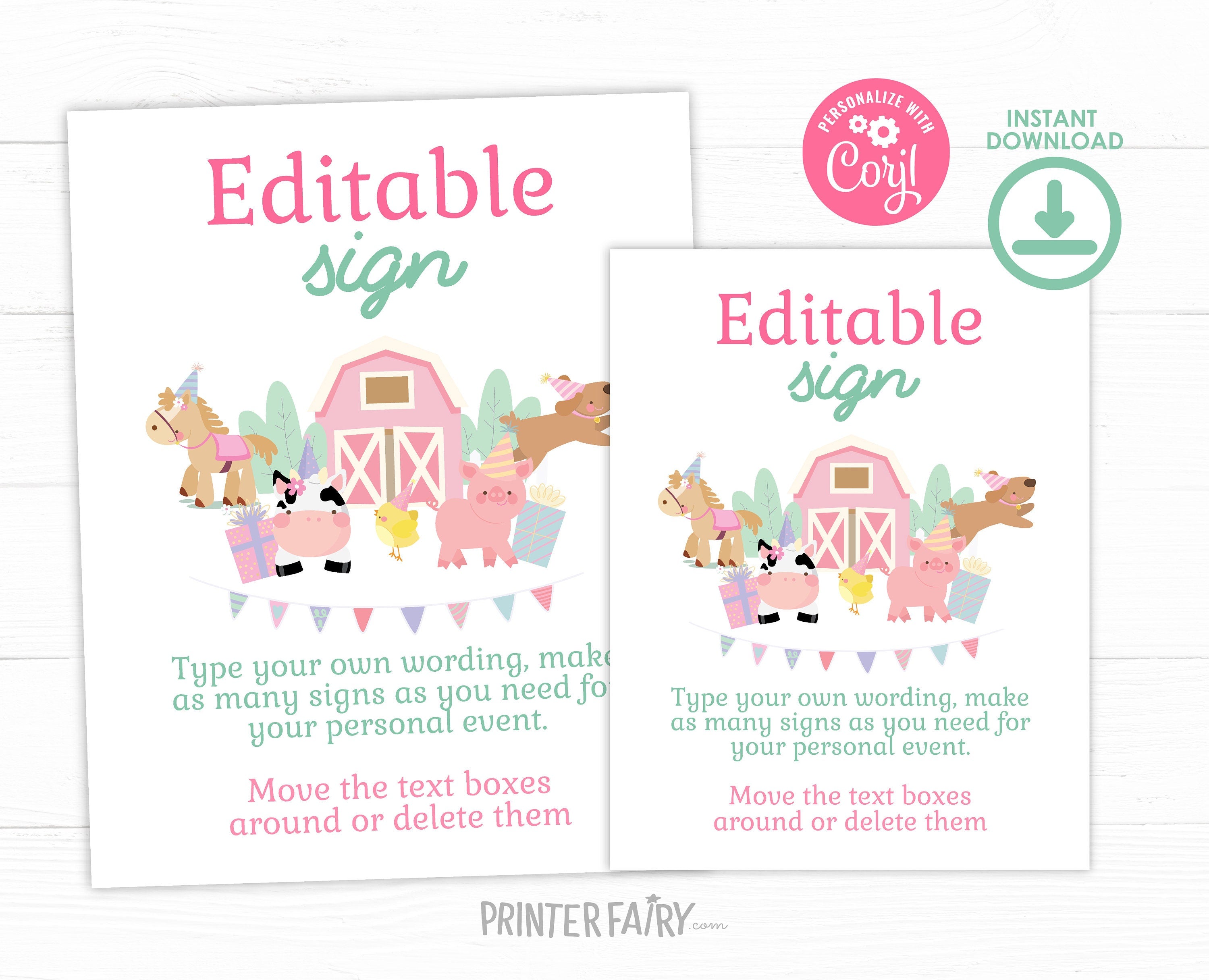 Farm Birthday Sign, Cute Animals, Pink Barnyard Party (Editable Digital Download)