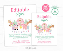 Farm Birthday Sign, Cute Animals, Pink Barnyard Party (Editable Digital Download)