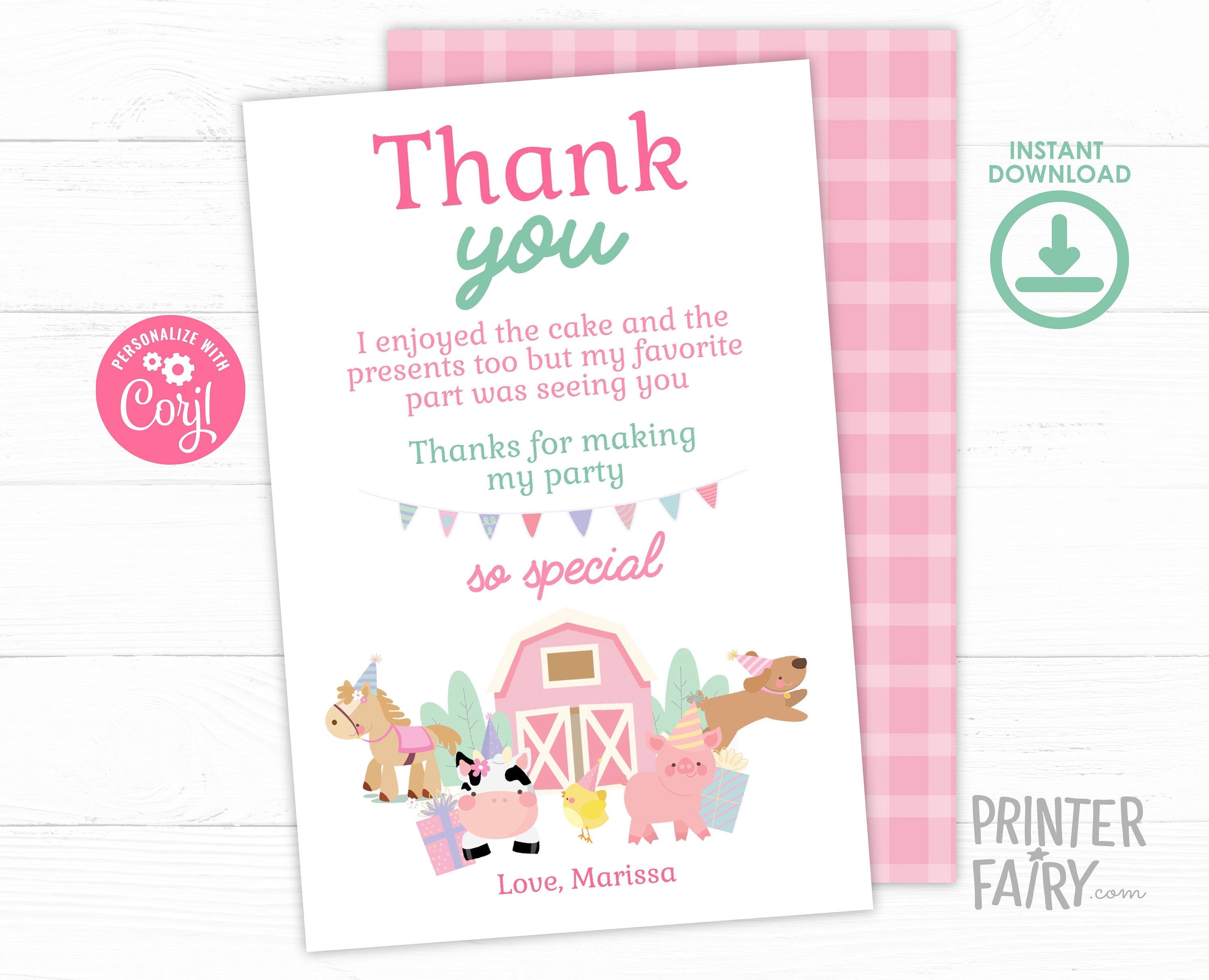 Farm Birthday Thank You Card, Pink Barn, Animals (Instant Download)
