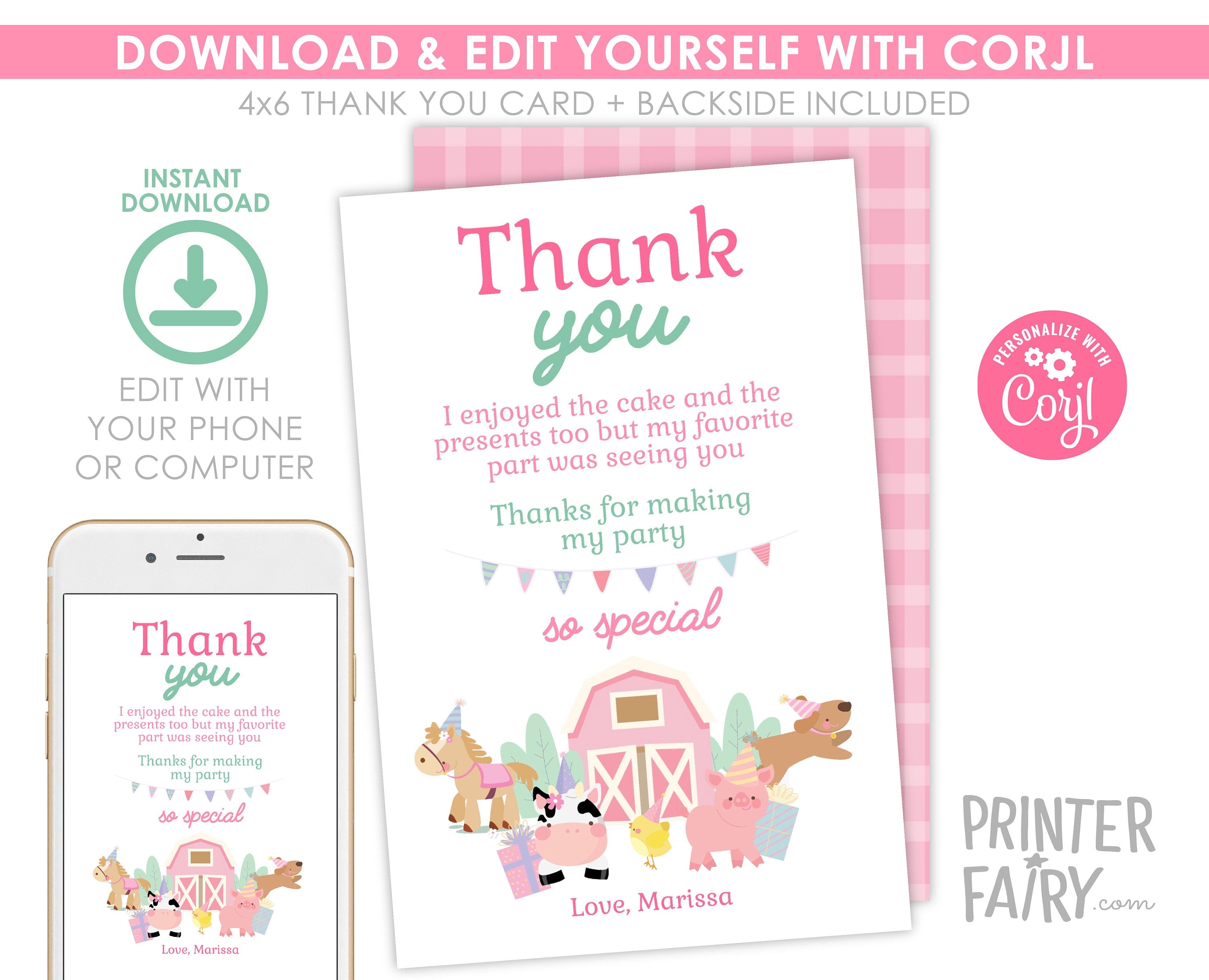 Farm Birthday Thank You Card, Pink Barn, Animals (Instant Download)
