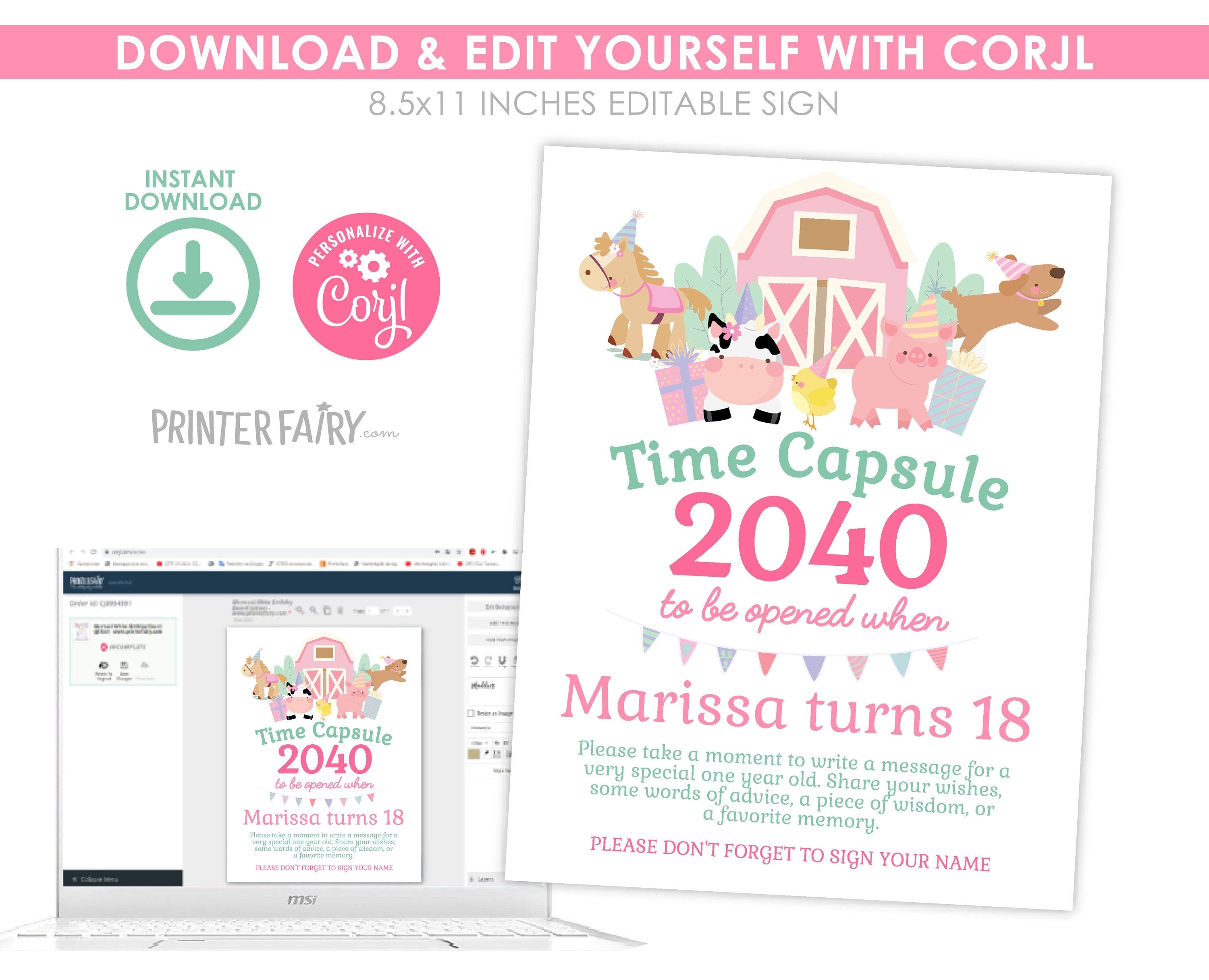 Farm Birthday Time Capsule Sign, Pink Barnyard Animals (Instant Download)