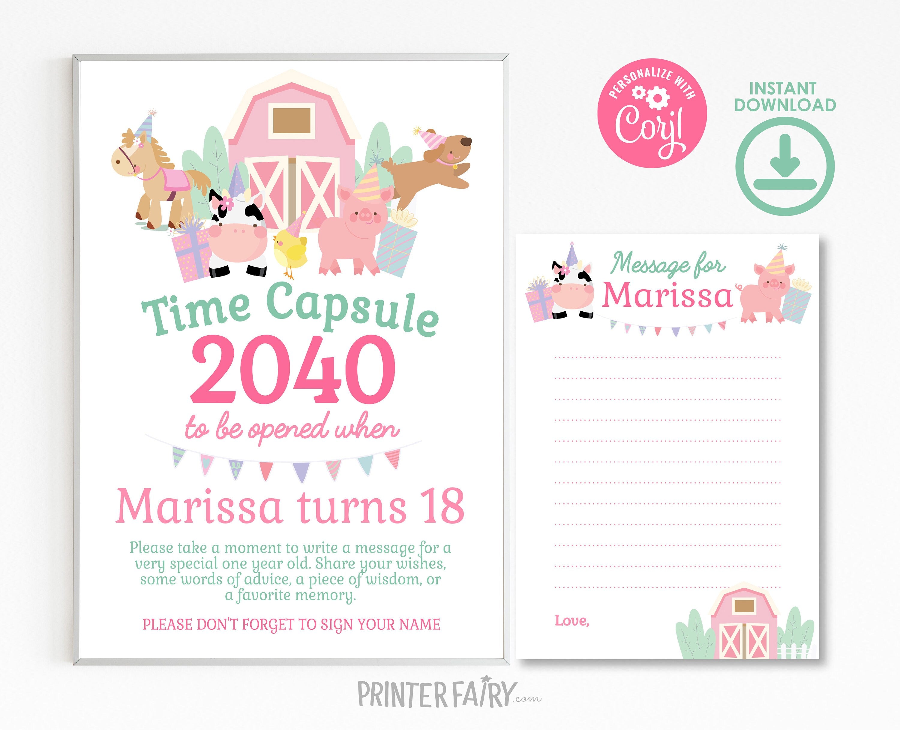 Farm Birthday Time Capsule Sign, Pink Barnyard Animals (Instant Download)