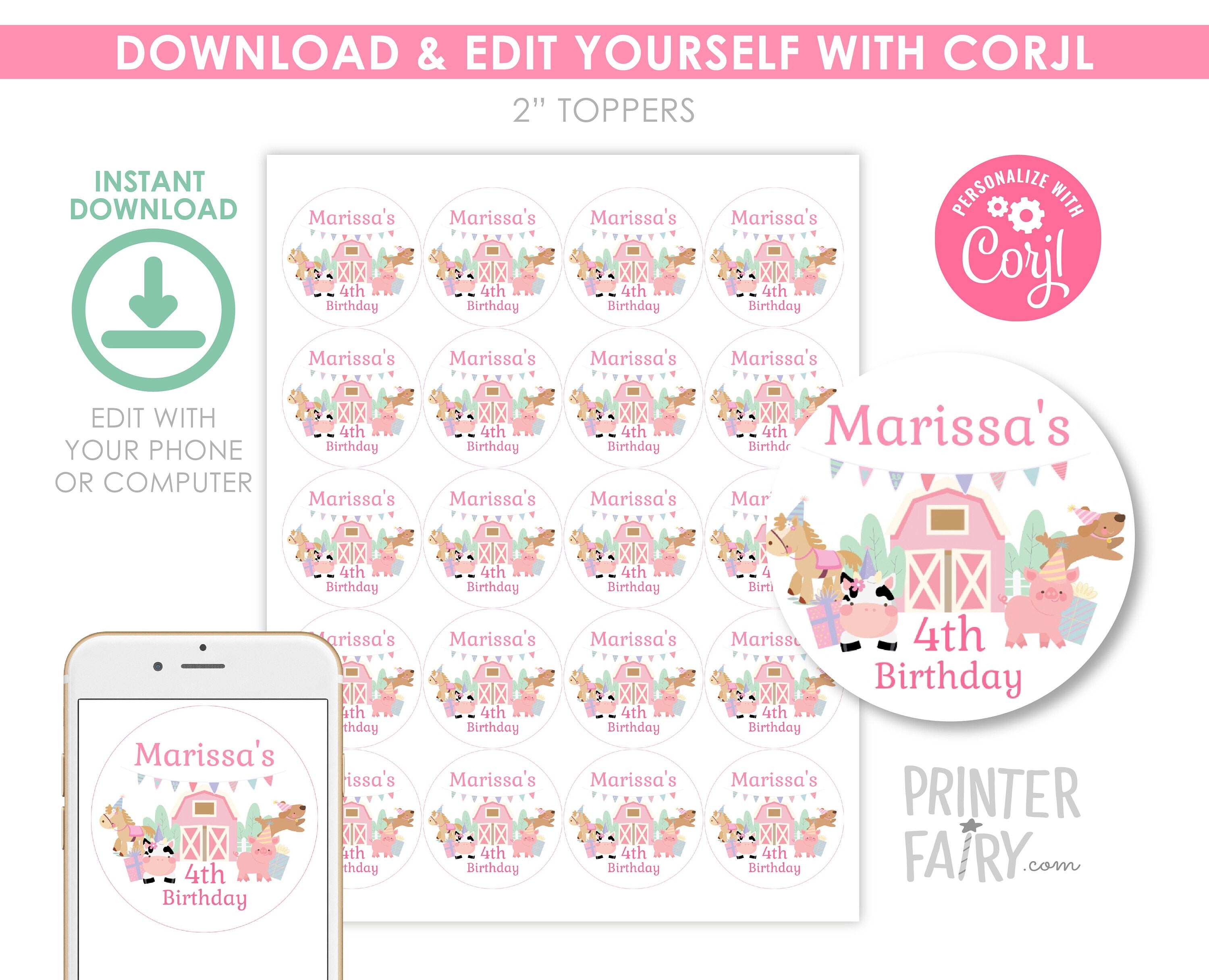 Farm Birthday Party Cupcake Toppers, Girl Barnyard Animals (Digital Download)