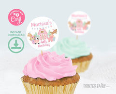 Farm Birthday Party Cupcake Toppers, Girl Barnyard Animals (Digital Download)