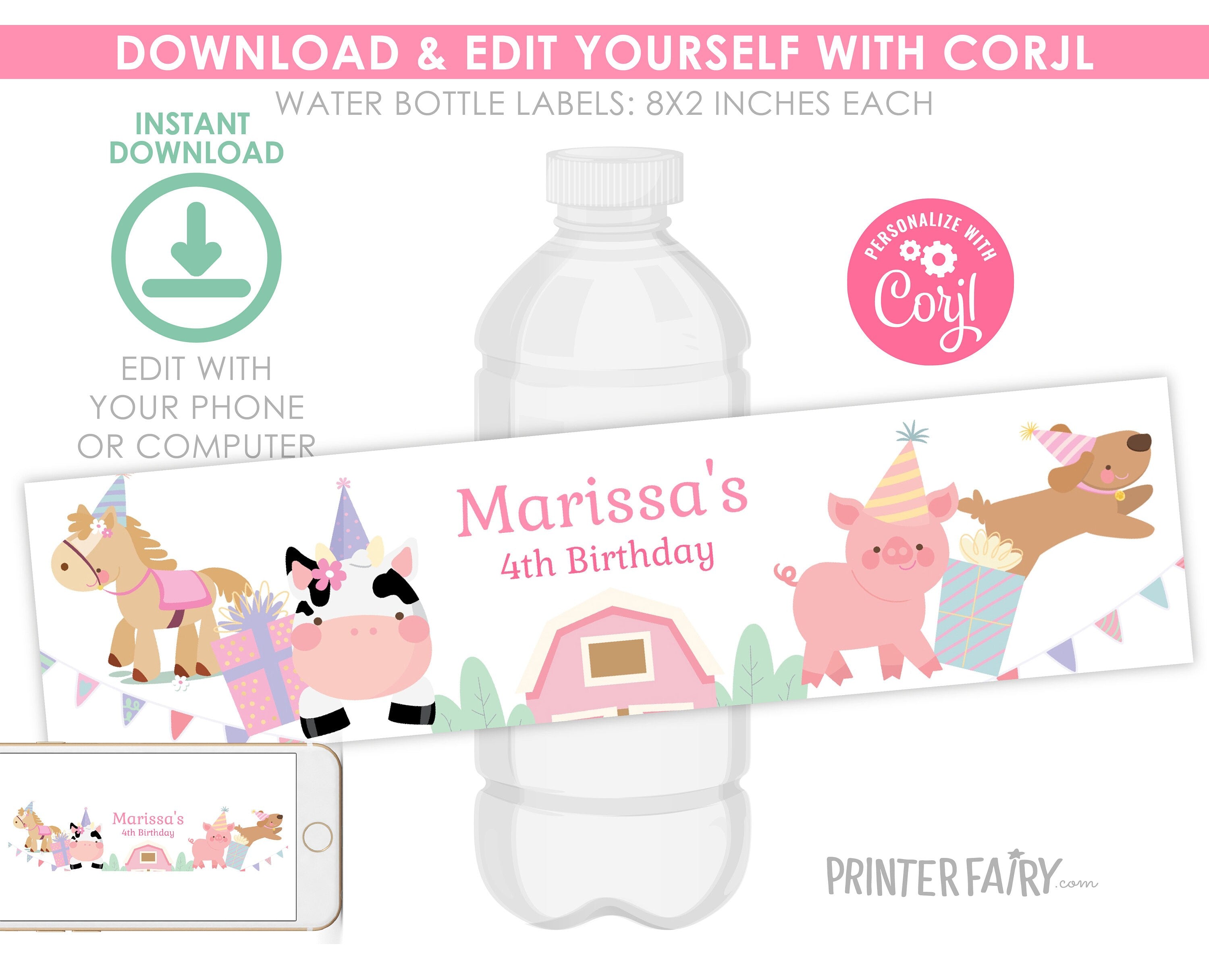 Farm Birthday Water Bottle Label, Girl Barnyard Animals (Digital Download)