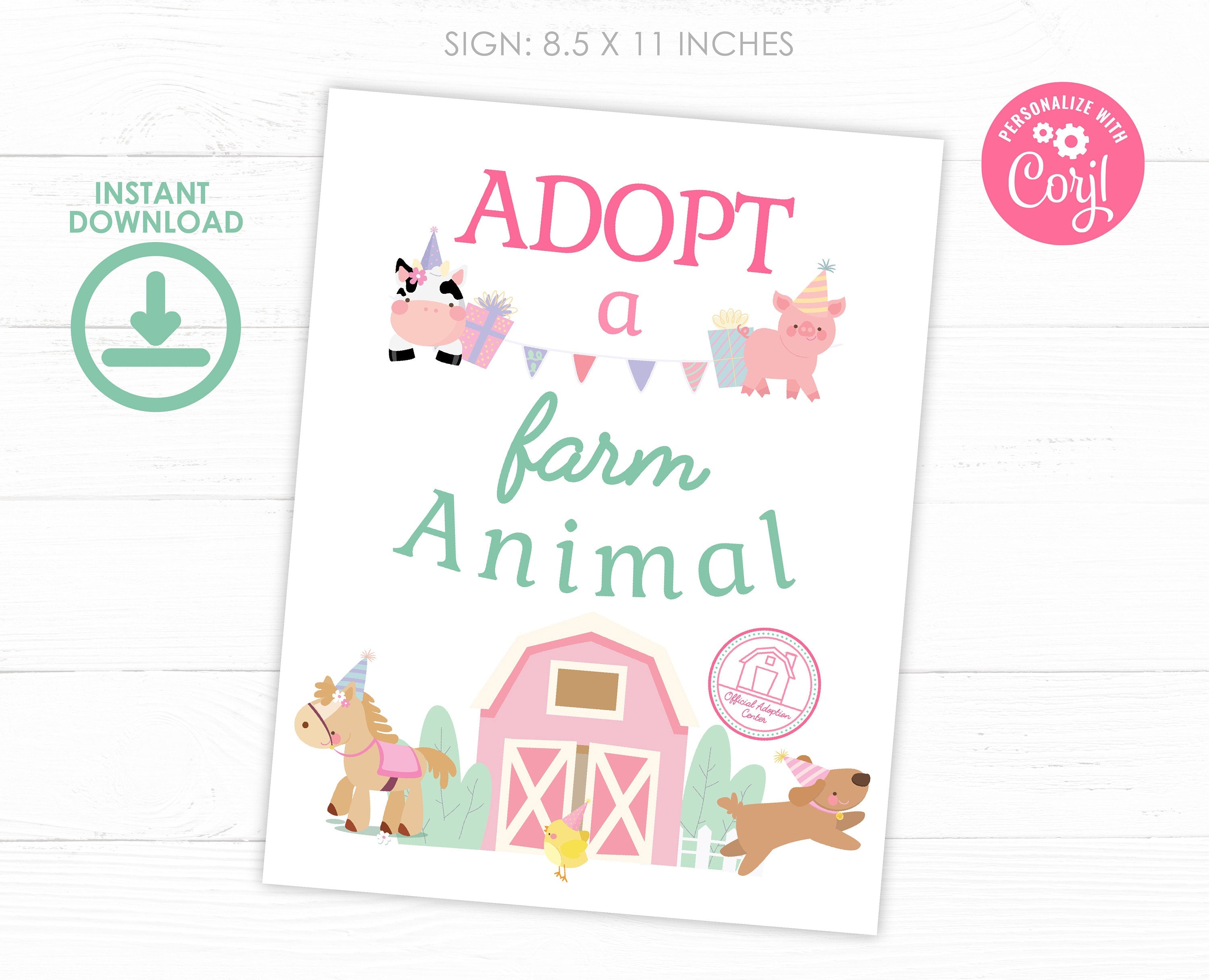Farm Animals Adoption Pack, Editable Birthday Party Decor (Digital Item)