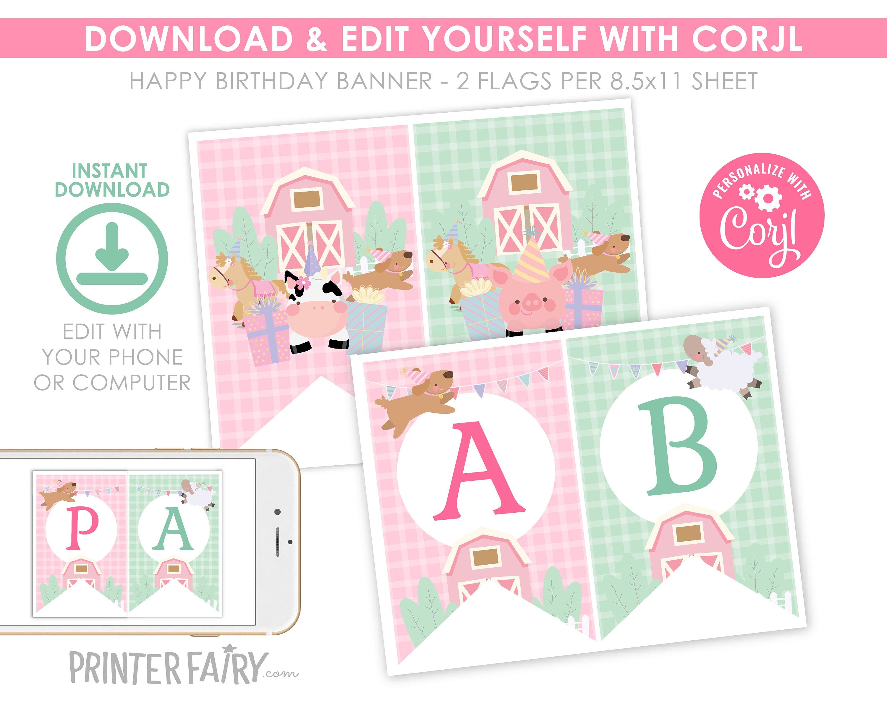 Farm Birthday Banner, Pink Barnyard Animals, Editable Flags (Digital Download)