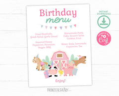 Farm Birthday Menu, Editable Barnyard Party Sign (Digital Download)