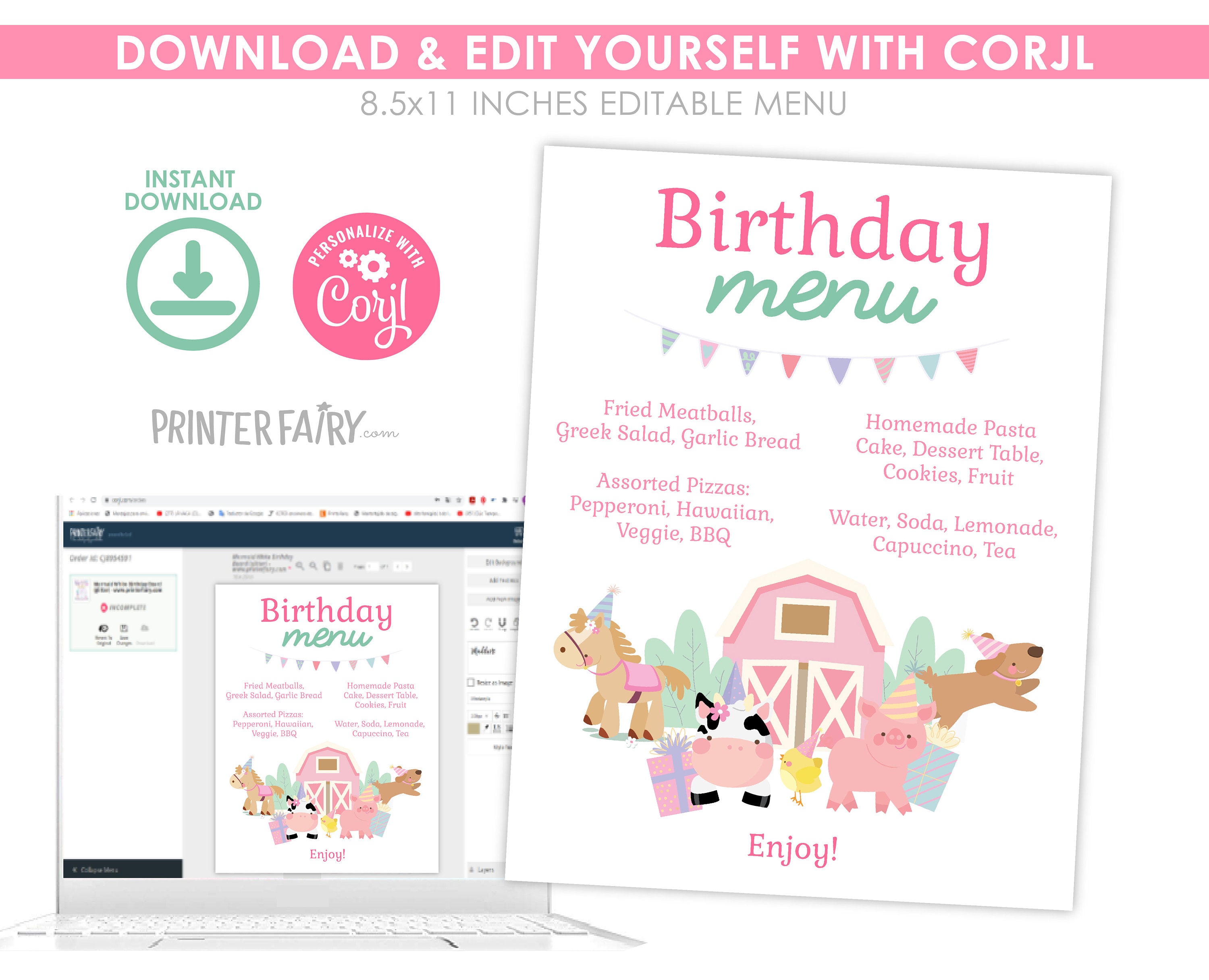 Farm Birthday Menu, Editable Barnyard Party Sign (Digital Download)