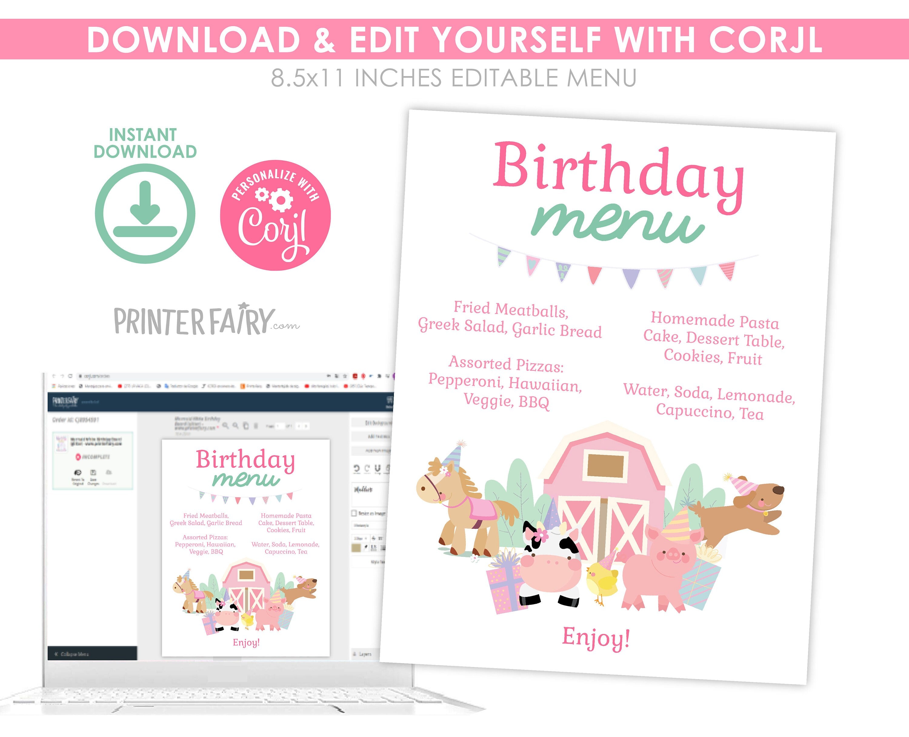 Farm Birthday Menu, Editable Barnyard Party Sign (Digital Download)