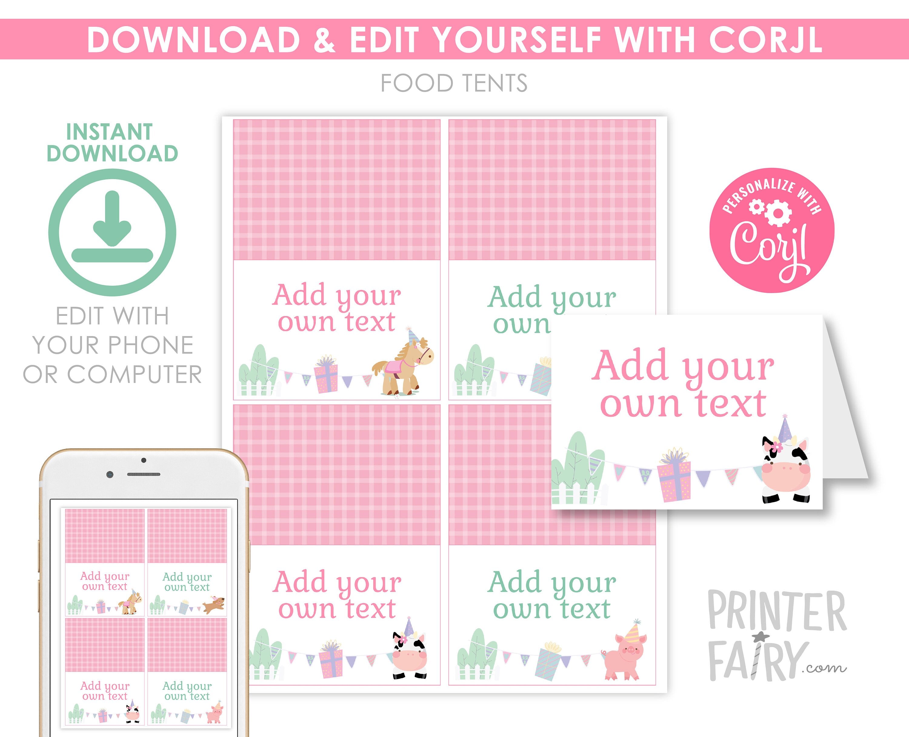 Farm Birthday Party Food Tents, Pink Barnyard Animals (Editable Digital Item)