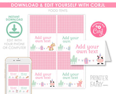 Farm Birthday Party Food Tents, Pink Barnyard Animals (Editable Digital Item)