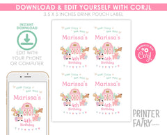 Farm Birthday Drink Pouch Label, Pink Barnyard Animals (Editable Template Download)