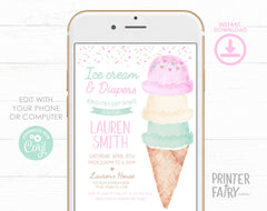 Ice Cream Baby Shower Invitation Editable Template, Instant Download