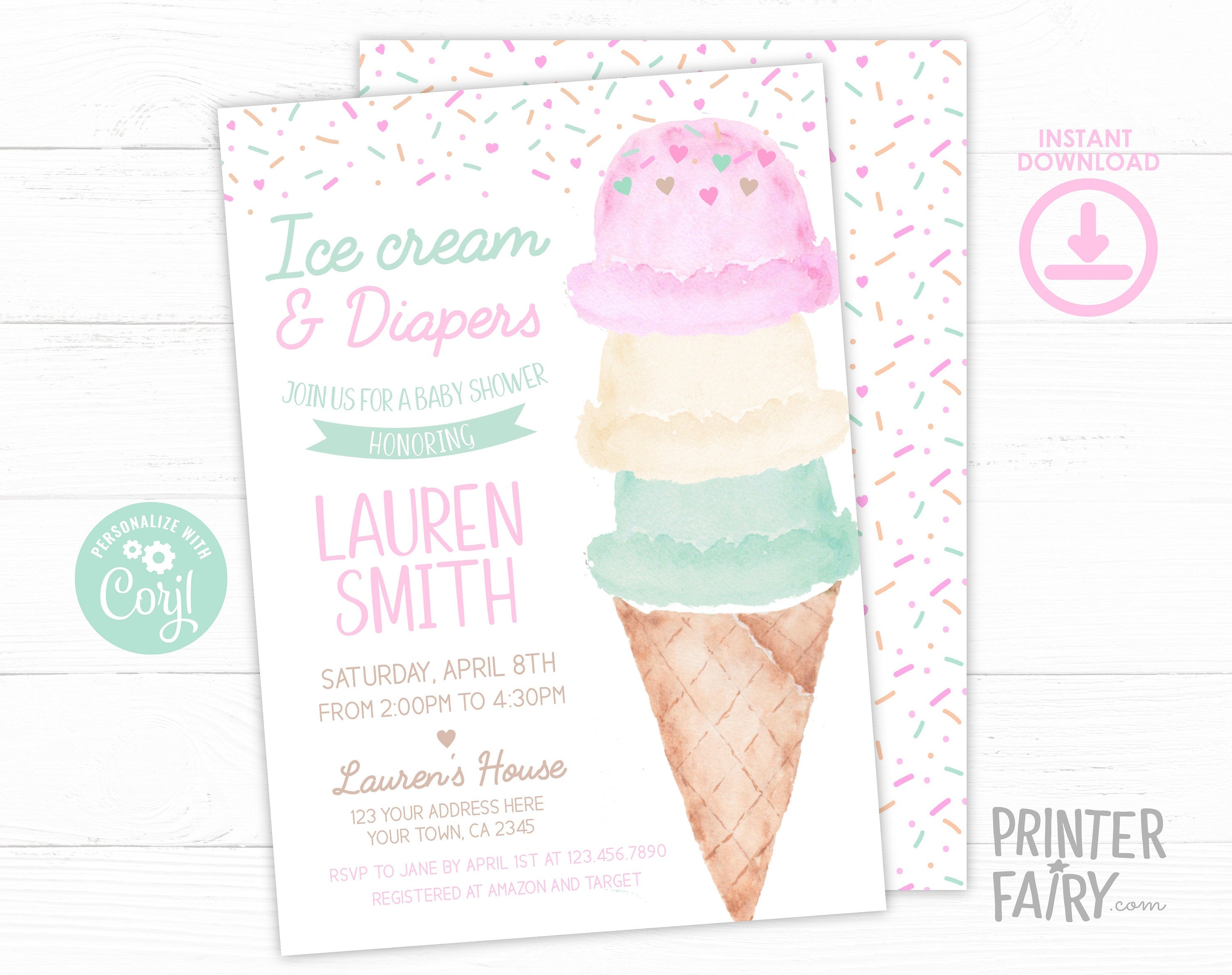 Ice Cream Baby Shower Invitation Editable Template, Instant Download