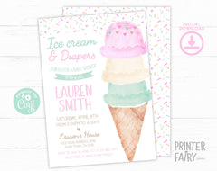 Ice Cream Baby Shower Invitation Editable Template, Instant Download