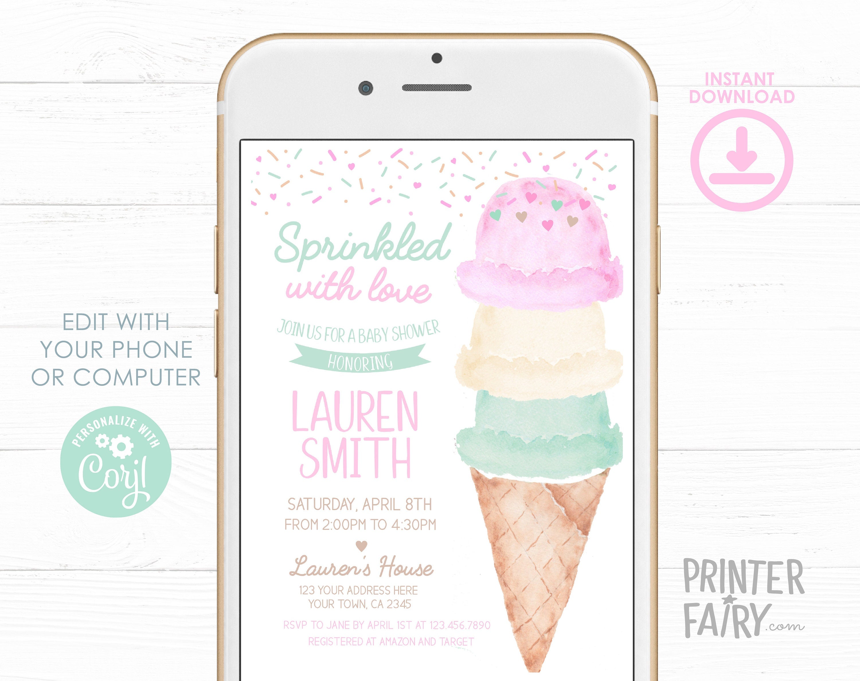 Ice Cream Baby Shower Invitation Editable Template, Sprinkled with Love (Digital Instant Download)