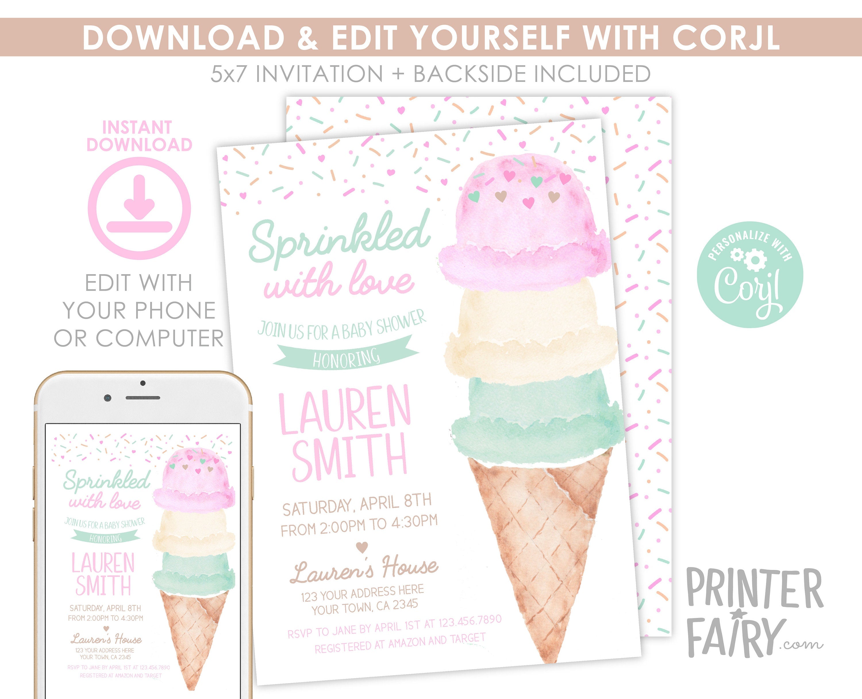 Ice Cream Baby Shower Invitation Editable Template, Sprinkled with Love (Digital Instant Download)