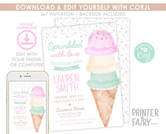 Ice Cream Baby Shower Invitation Editable Template, Sprinkled with Love (Digital Instant Download)