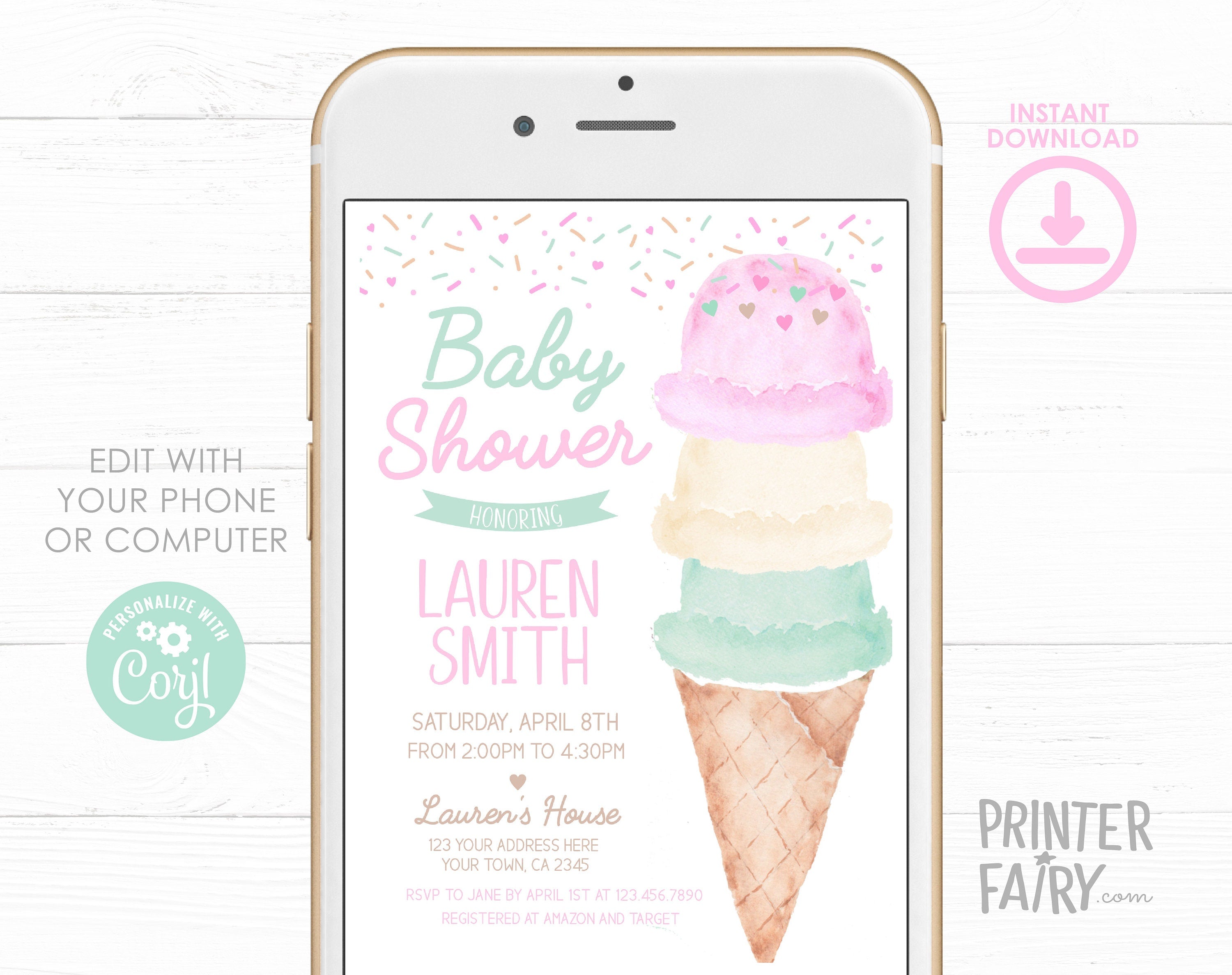 Ice Cream Twins Baby Shower Invitation, Watercolor Cone, Girls Party (Digital Download)