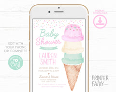 Ice Cream Twins Baby Shower Invitation, Watercolor Cone, Girls Party (Digital Download)