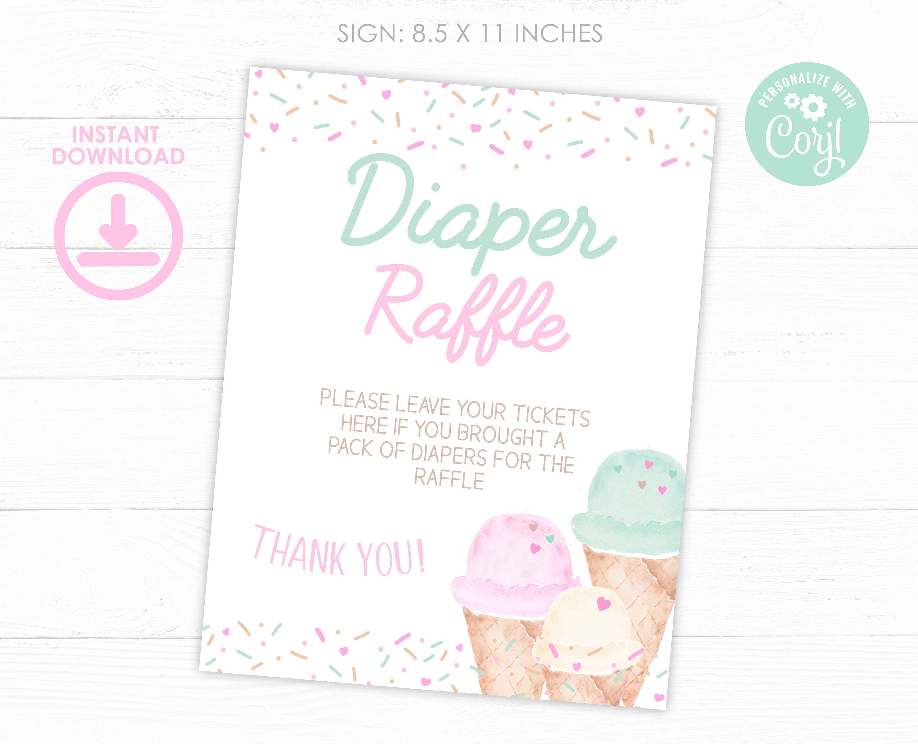 Ice Cream Baby Shower Diaper Raffle Sign and Ticket Editable Templates (Digital Instant Download)