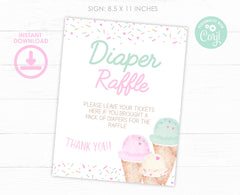 Ice Cream Baby Shower Diaper Raffle Sign and Ticket Editable Templates (Digital Instant Download)
