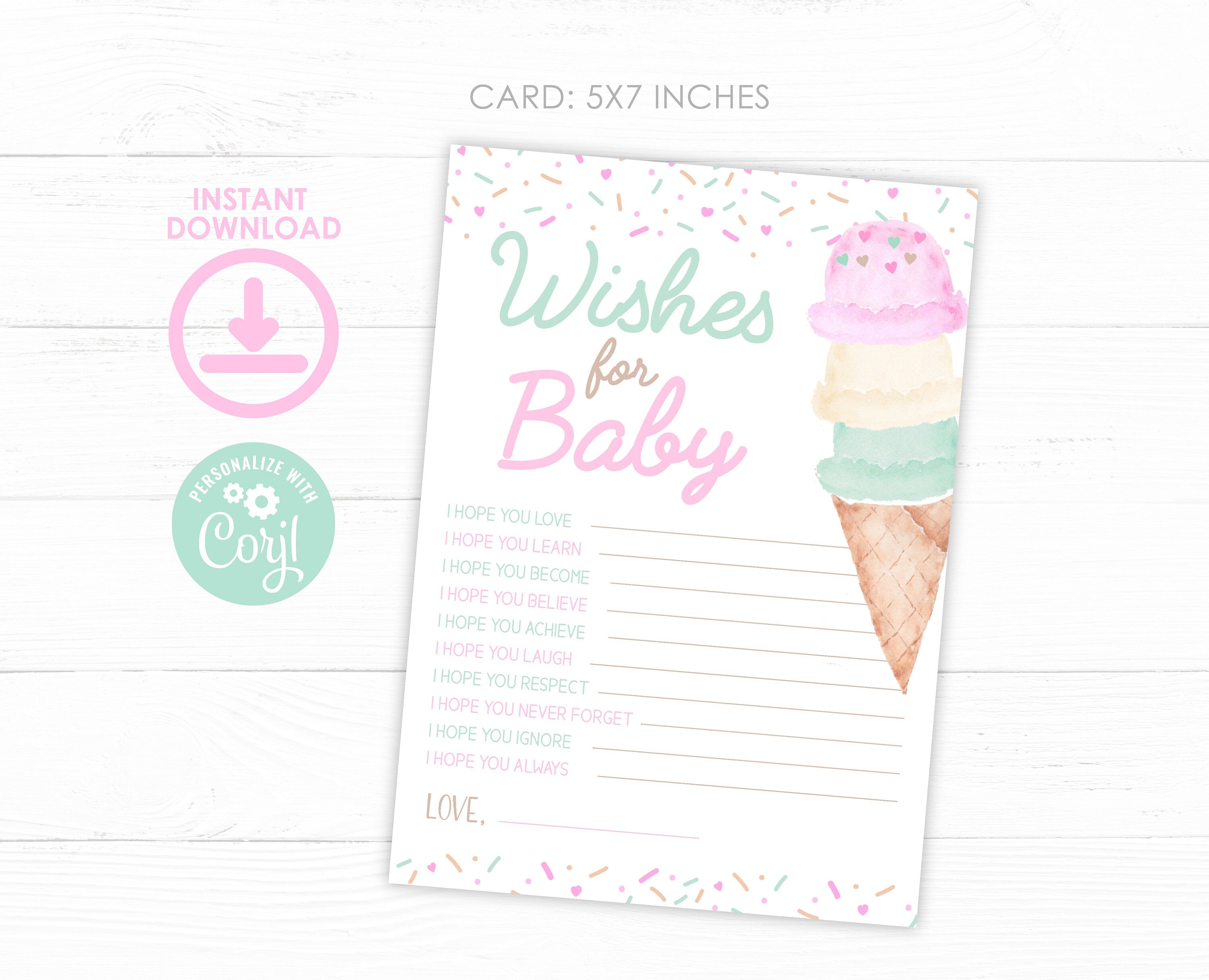 Ice Cream Baby Shower Games, Wishes for Baby Editable Templates, Instant Download