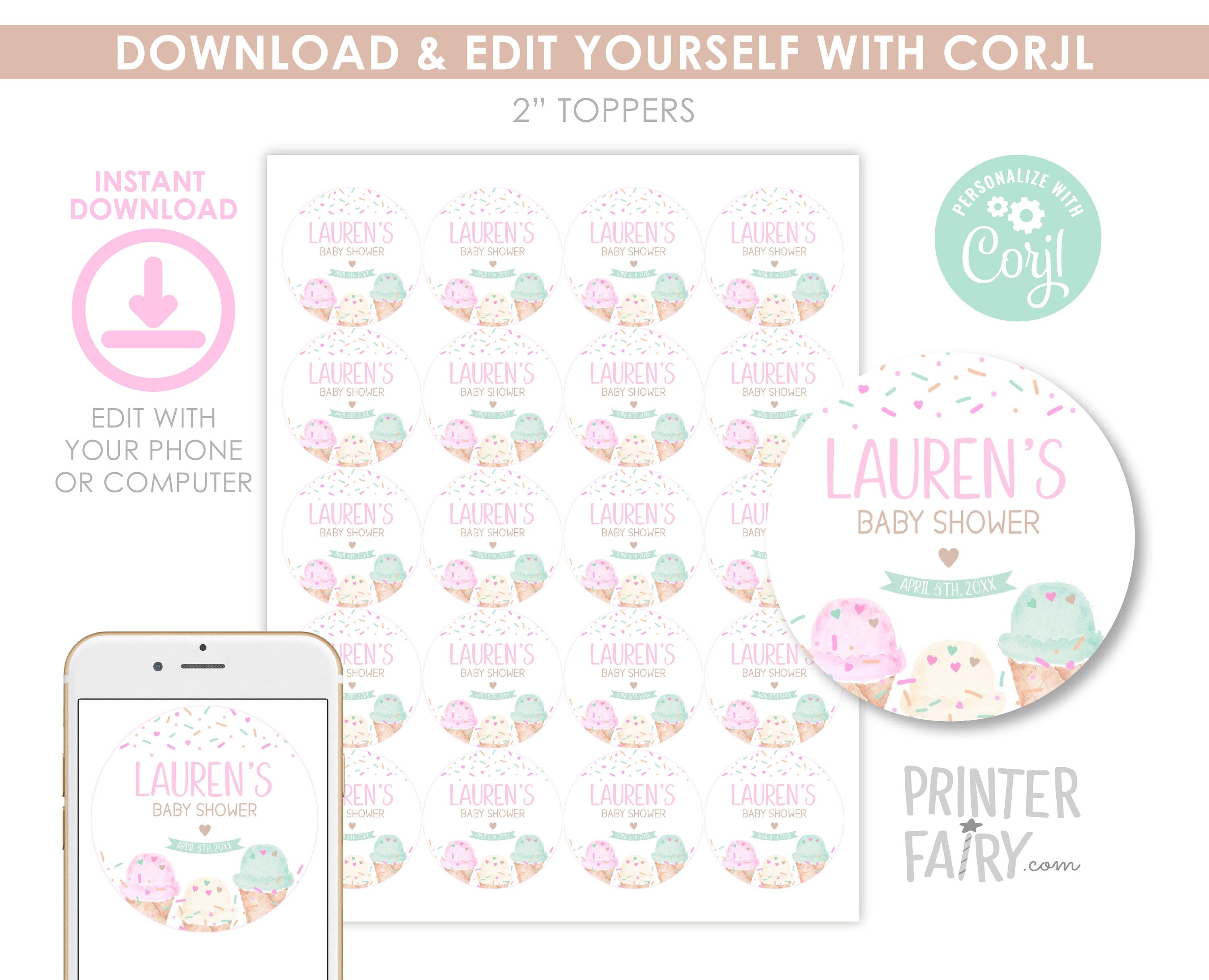 Ice Cream Baby Shower Toppers, Editable Label Template (Digital Instant Download)