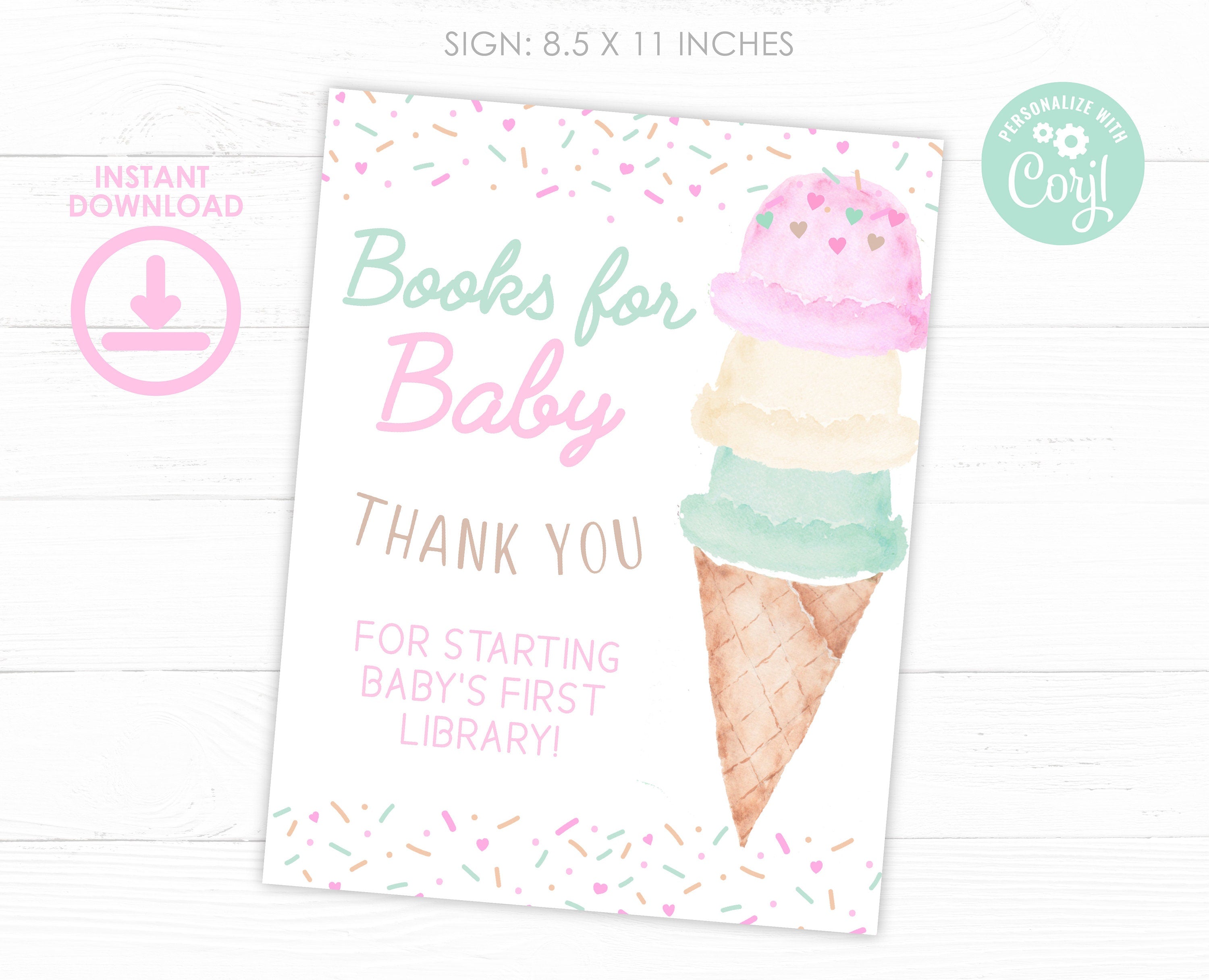 Ice Cream Baby Shower Books for Baby Editable Sign and Card Templates, Instand Download