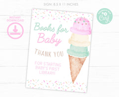 Ice Cream Baby Shower Books for Baby Editable Sign and Card Templates, Instand Download