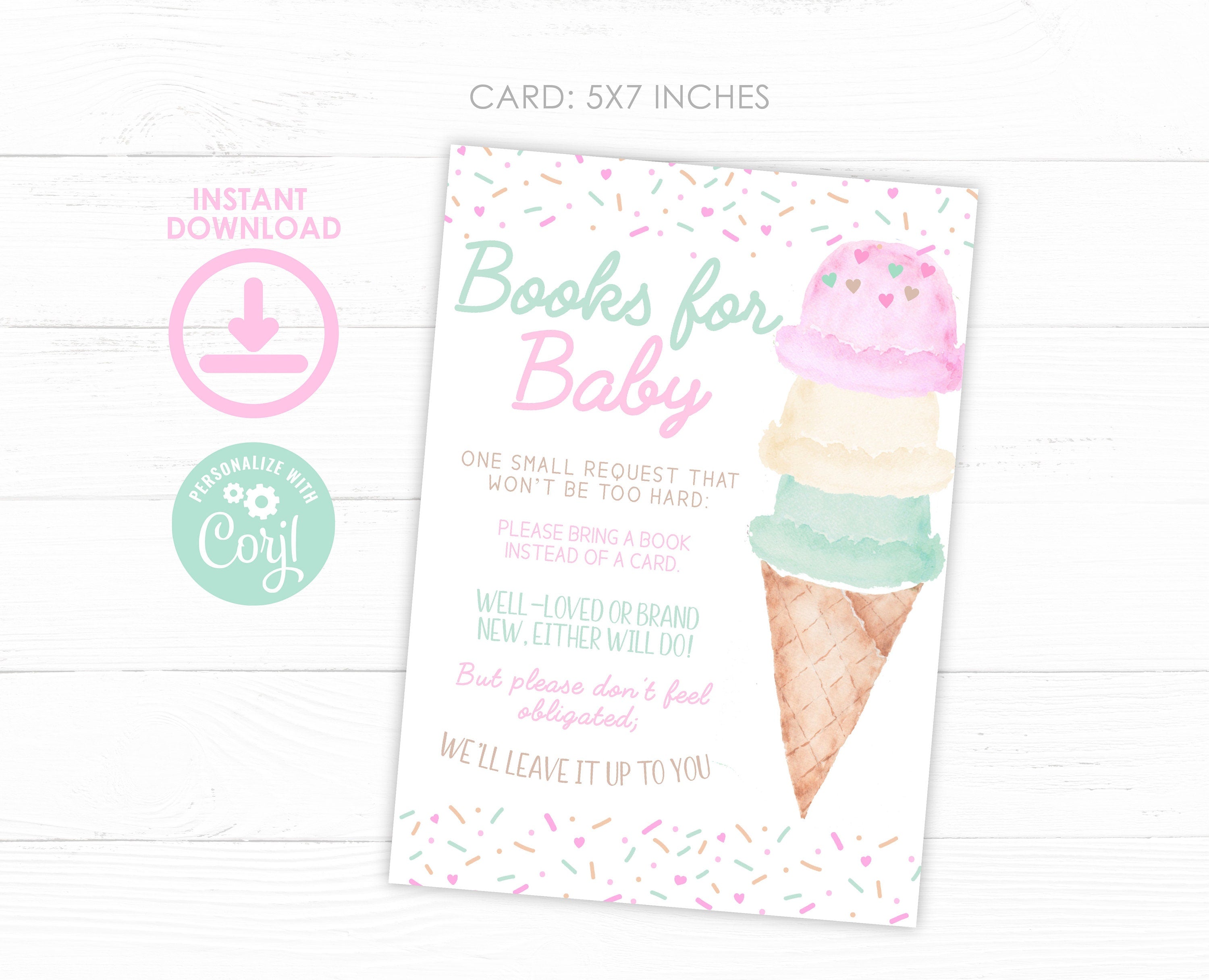Ice Cream Baby Shower Books for Baby Editable Sign and Card Templates, Instand Download