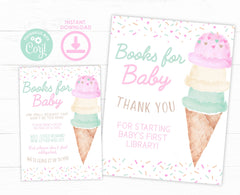 Ice Cream Baby Shower Books for Baby Editable Sign and Card Templates, Instand Download