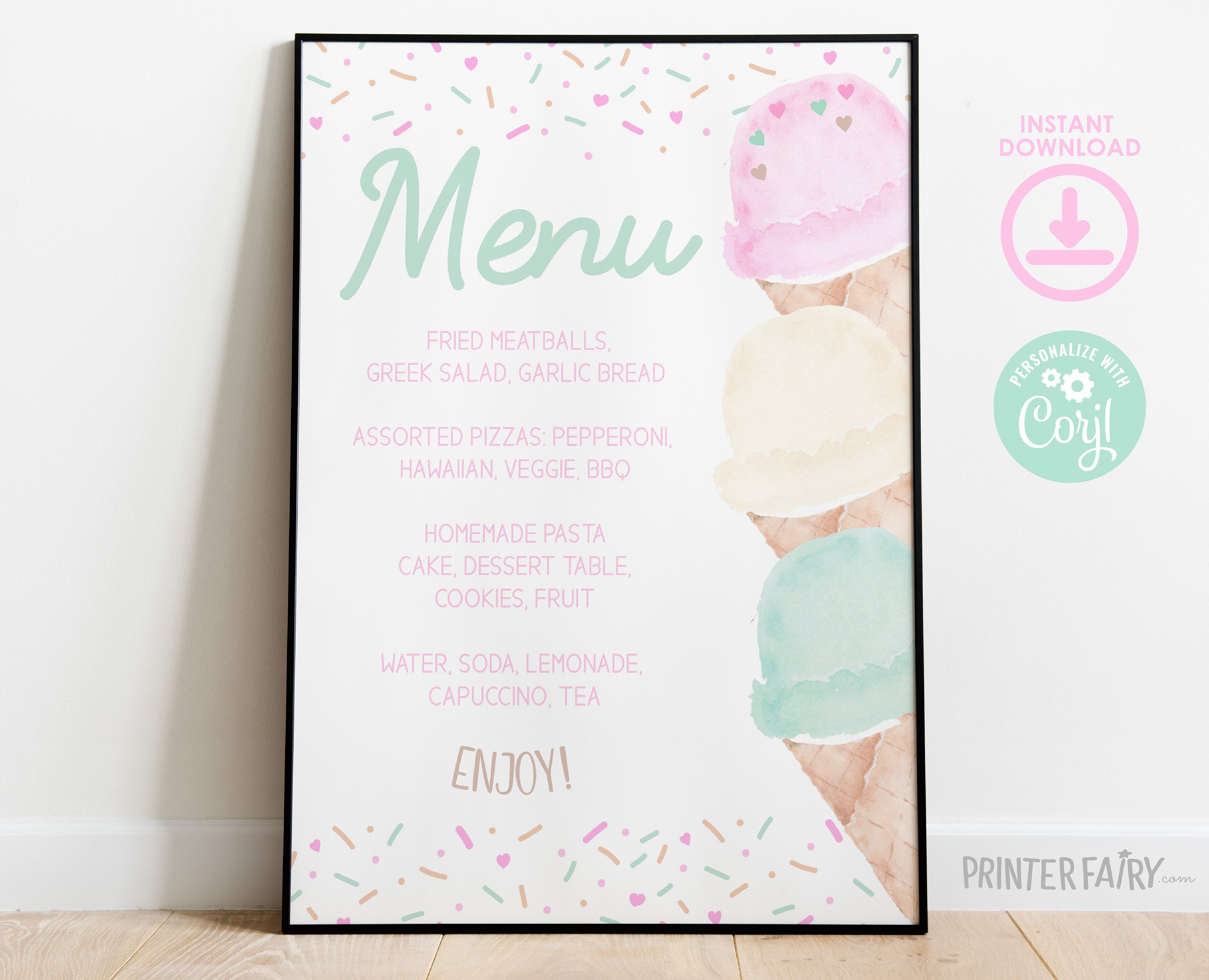 Ice Cream Party Menu Editable Template, Instant Download