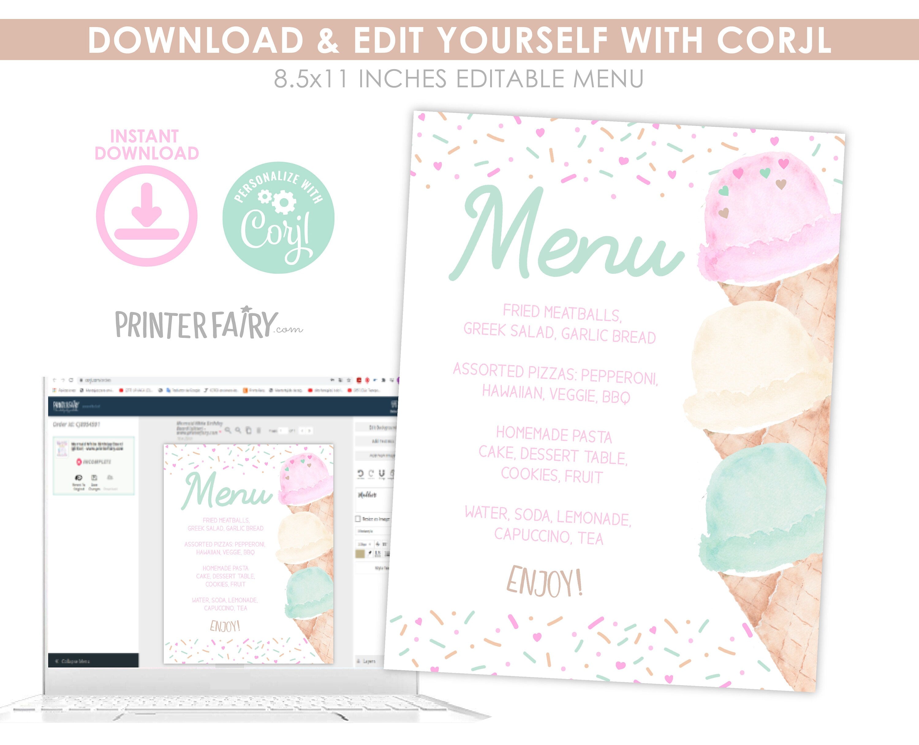 Ice Cream Party Menu Editable Template, Instant Download