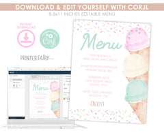 Ice Cream Party Menu Editable Template, Instant Download