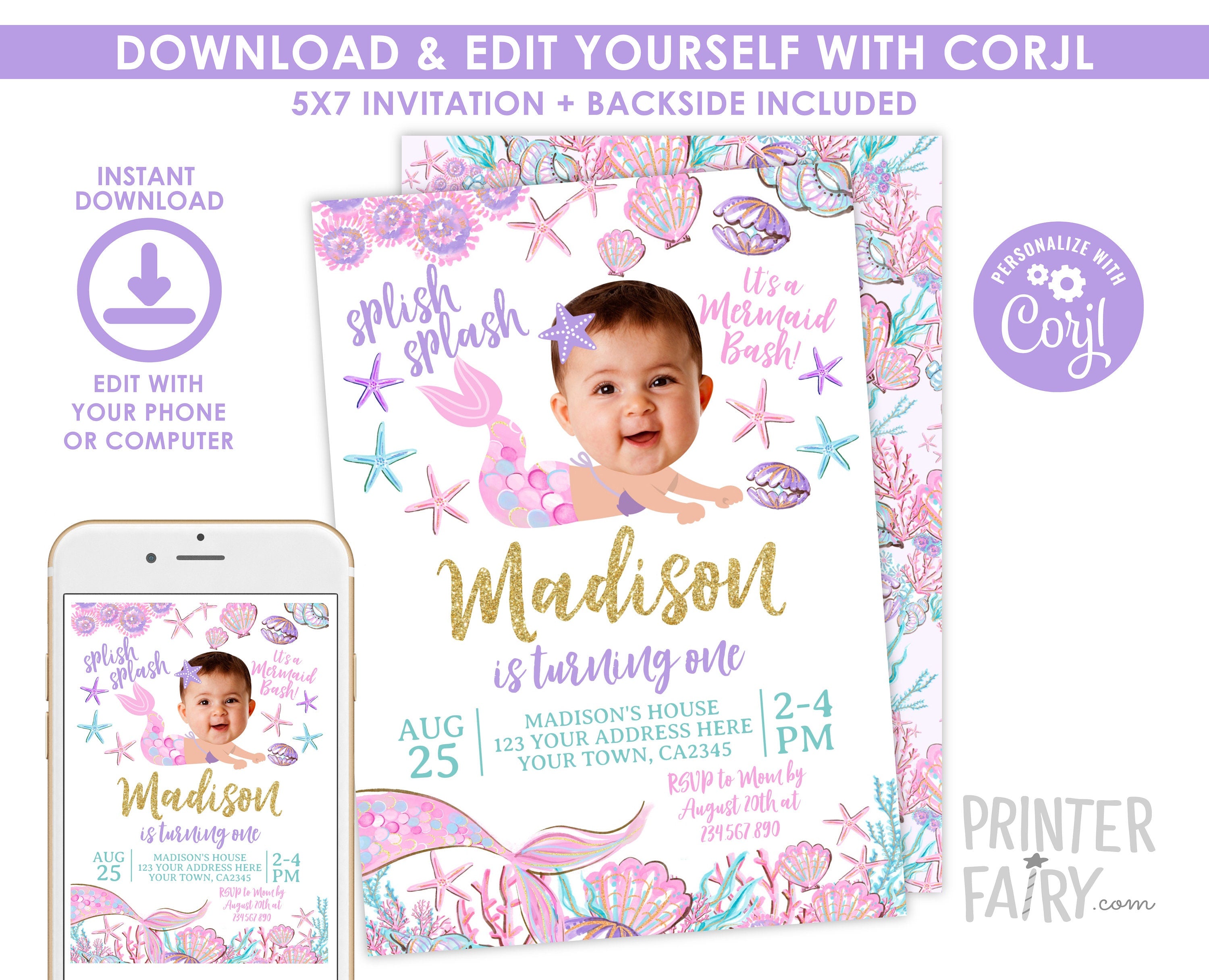 Editable Mermaid Birthday Invitation with Photo (Instant Download)