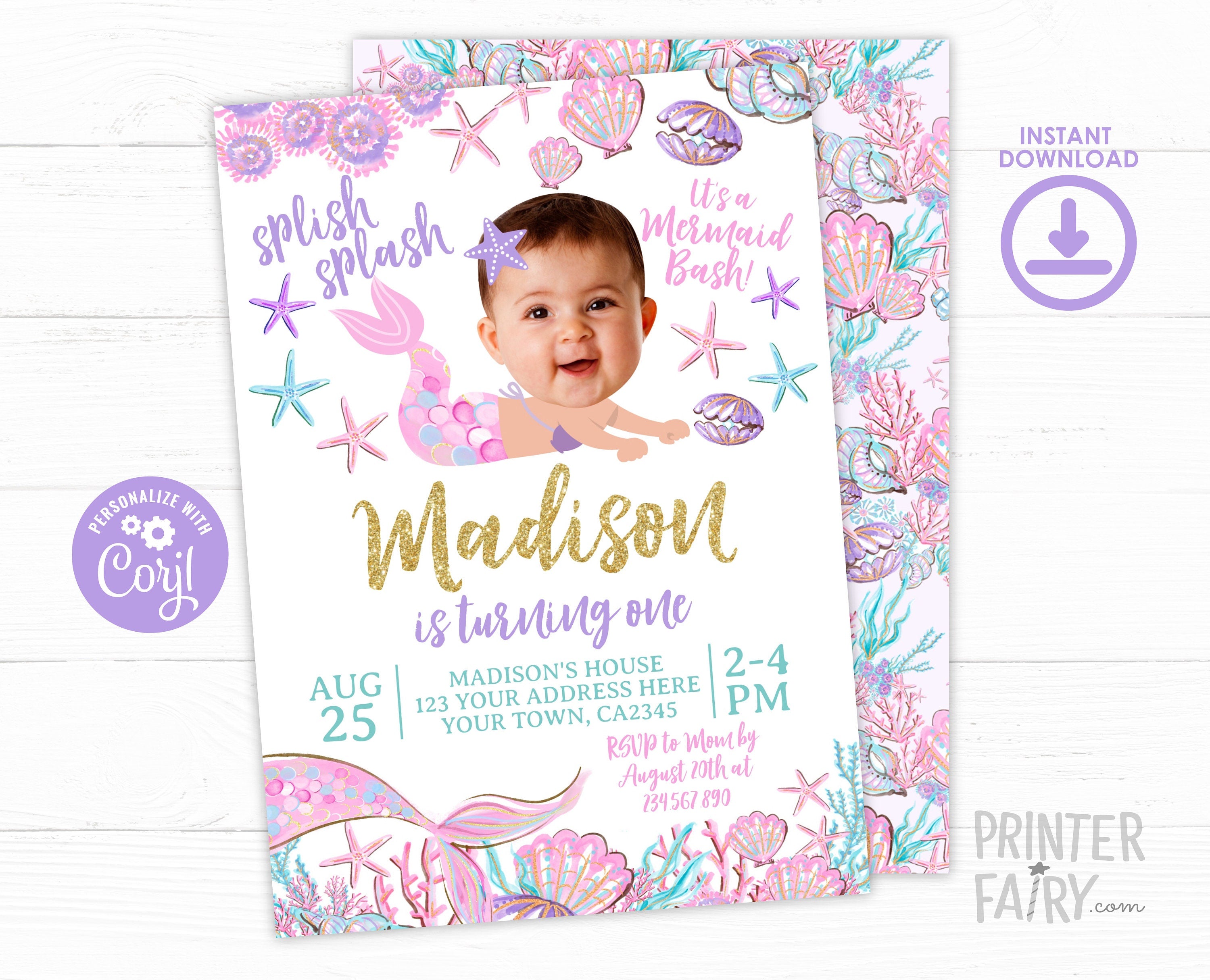 Editable Mermaid Birthday Invitation with Photo (Instant Download)